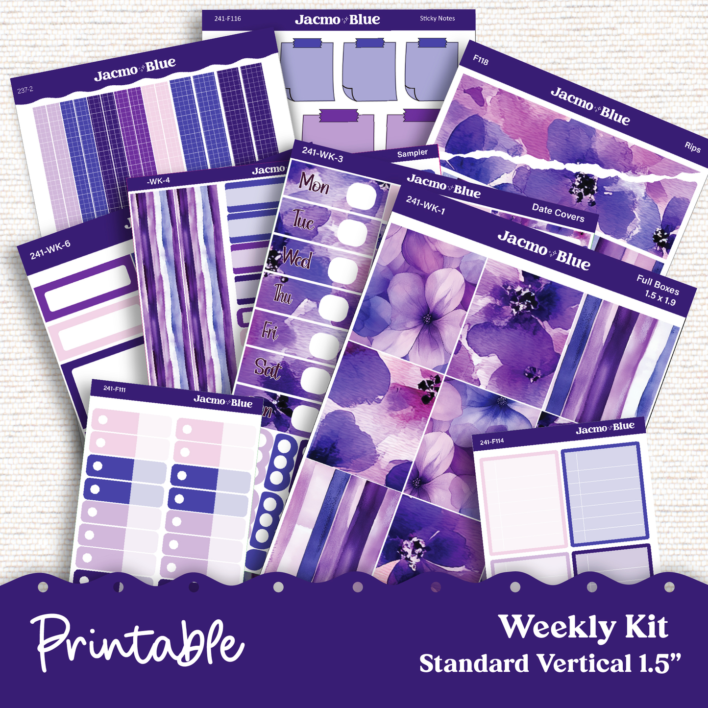 PRINTABLE Weekly Sticker Kit Vertical Planner 13 Sheets - Silhouette Cricut Transparent PNG Files 242P Purple Watercolor