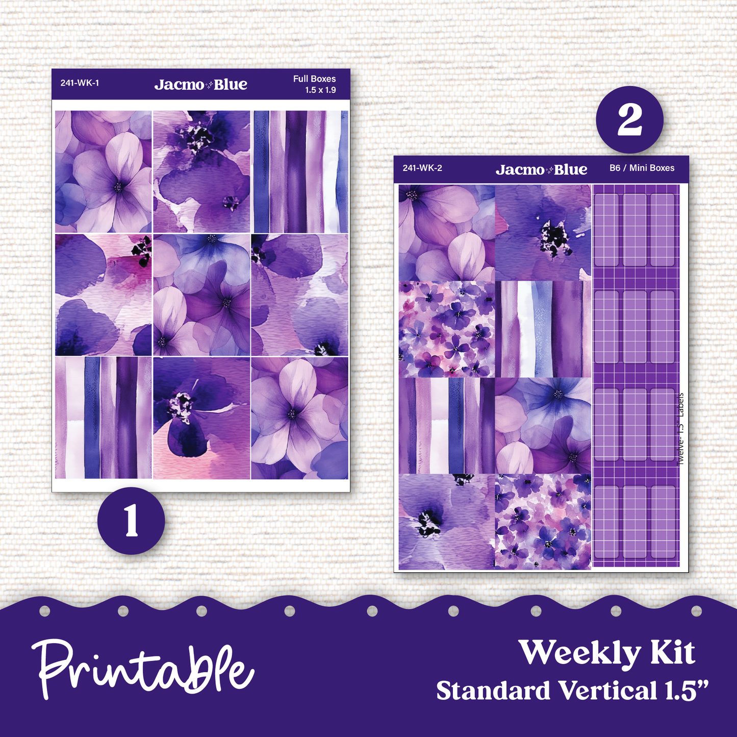 PRINTABLE Weekly Sticker Kit Vertical Planner 13 Sheets - Silhouette Cricut Transparent PNG Files 242P Purple Watercolor