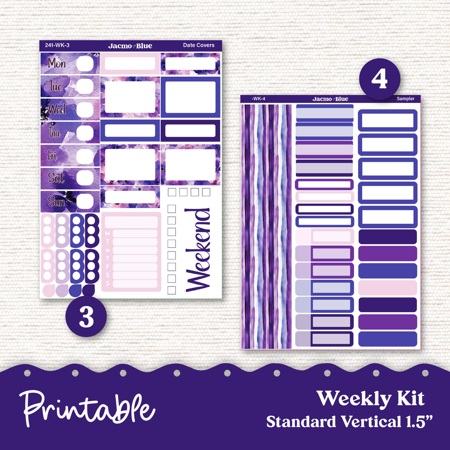 PRINTABLE Weekly Sticker Kit Vertical Planner 13 Sheets - Silhouette Cricut Transparent PNG Files 242P Purple Watercolor