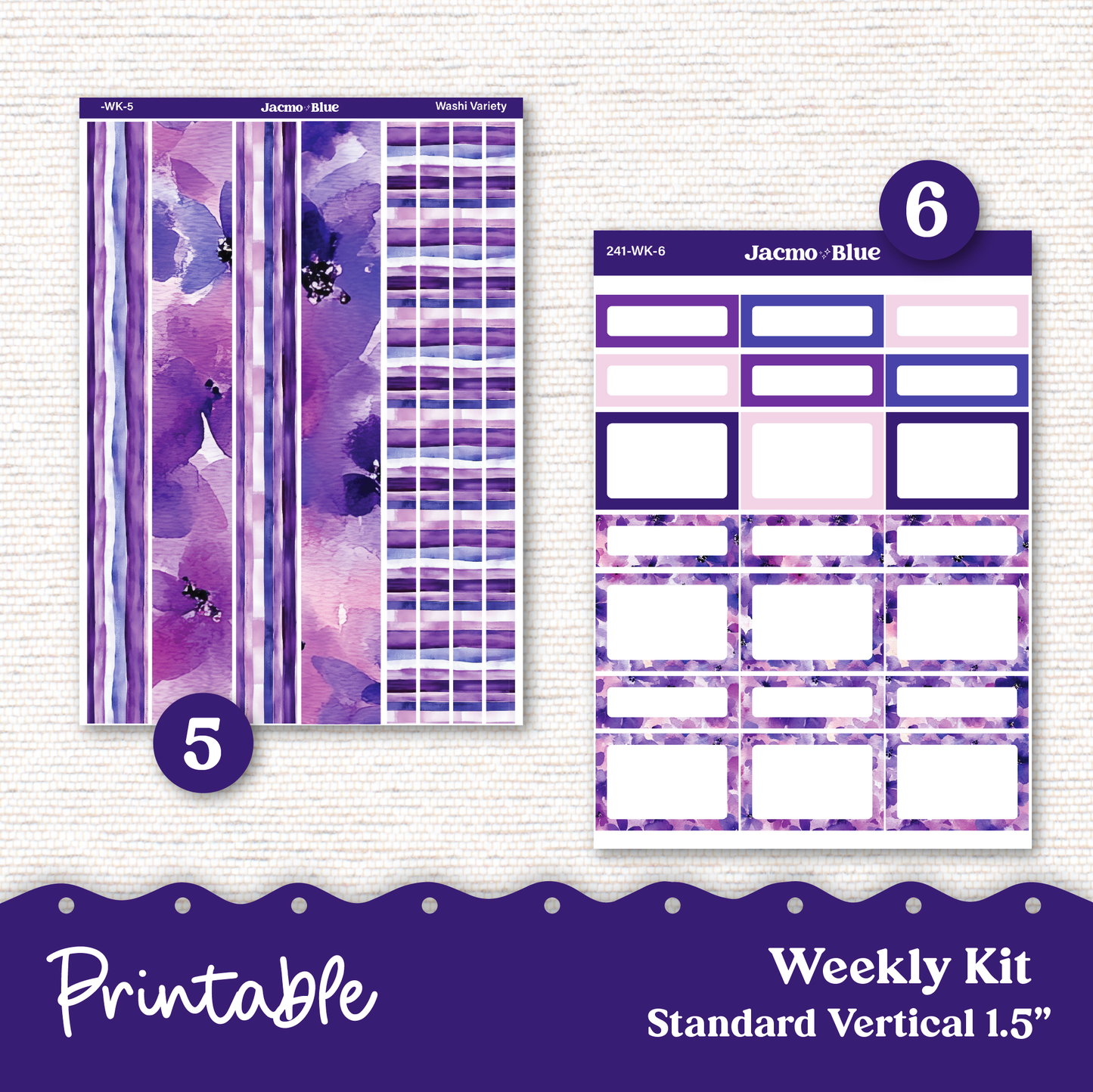 PRINTABLE Weekly Sticker Kit Vertical Planner 13 Sheets - Silhouette Cricut Transparent PNG Files 242P Purple Watercolor