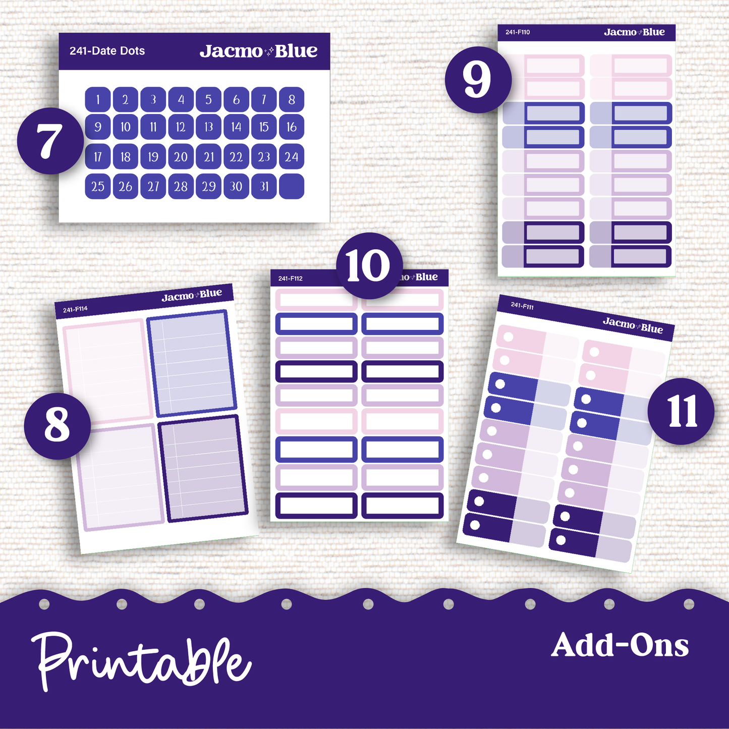 PRINTABLE Weekly Sticker Kit Vertical Planner 13 Sheets - Silhouette Cricut Transparent PNG Files 242P Purple Watercolor