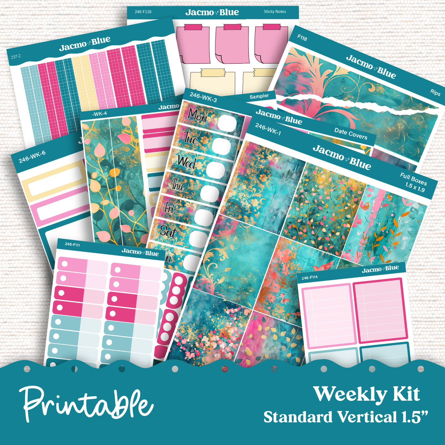 PRINTABLE Weekly Sticker Kit Vertical Planner 13 Sheets - Silhouette Cricut Transparent PNG Files 246P Pink Teal Shabby Chic Pretty Grunge