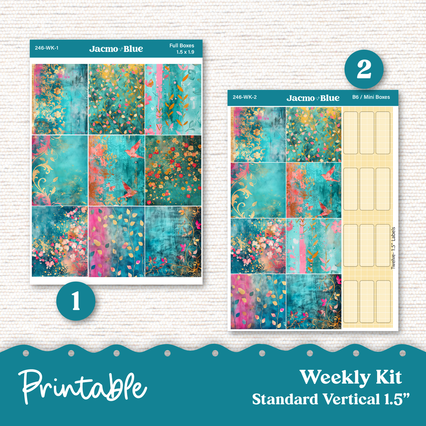 PRINTABLE Weekly Sticker Kit Vertical Planner 13 Sheets - Silhouette Cricut Transparent PNG Files 246P Pink Teal Shabby Chic Pretty Grunge