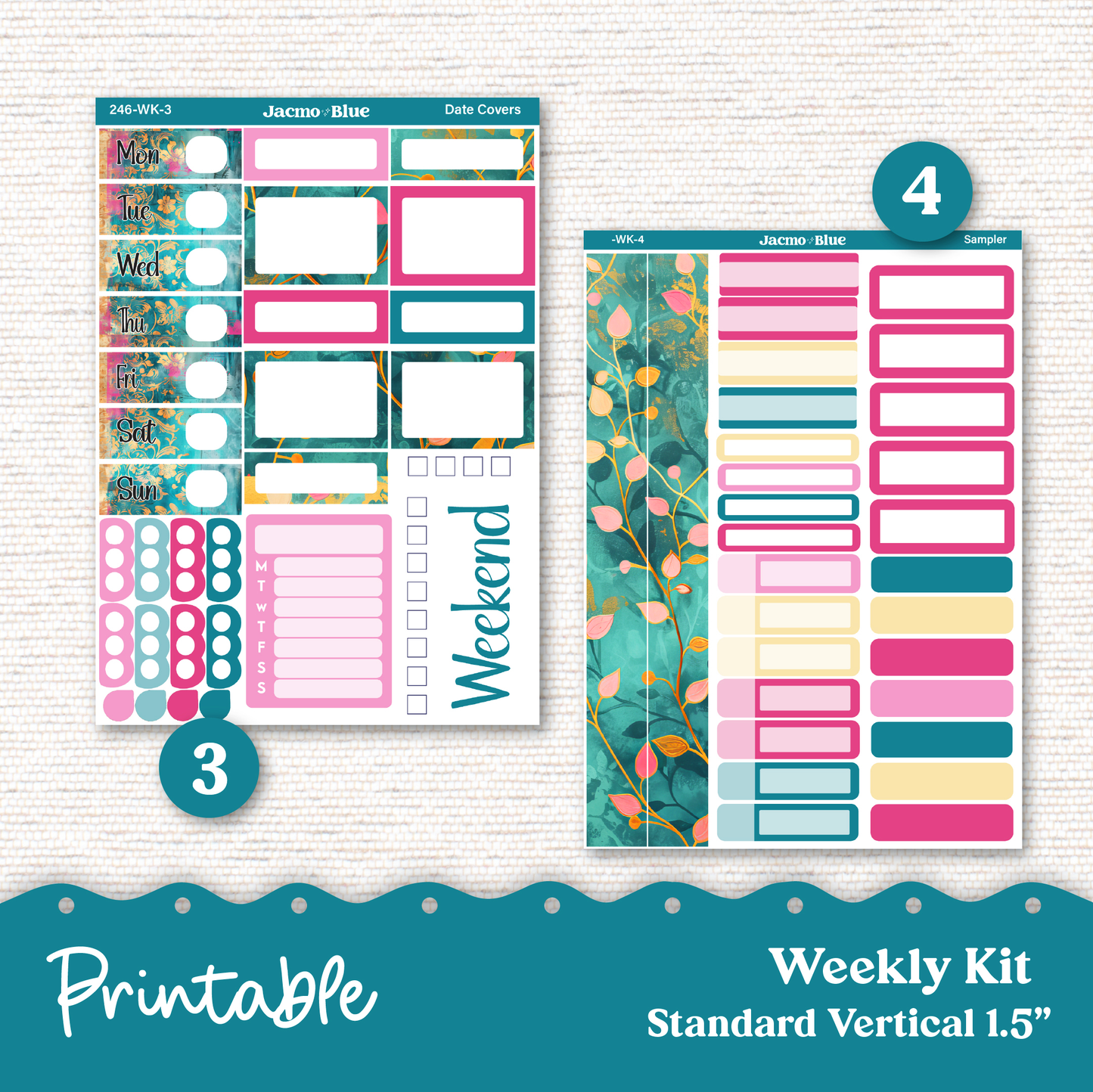 PRINTABLE Weekly Sticker Kit Vertical Planner 13 Sheets - Silhouette Cricut Transparent PNG Files 246P Pink Teal Shabby Chic Pretty Grunge