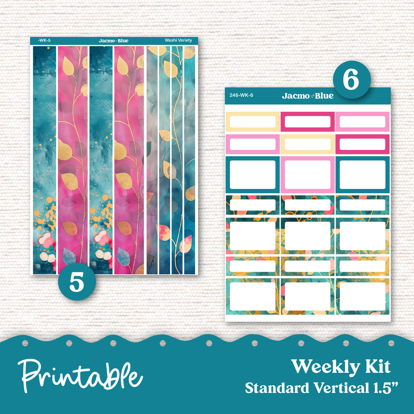 PRINTABLE Weekly Sticker Kit Vertical Planner 13 Sheets - Silhouette Cricut Transparent PNG Files 246P Pink Teal Shabby Chic Pretty Grunge