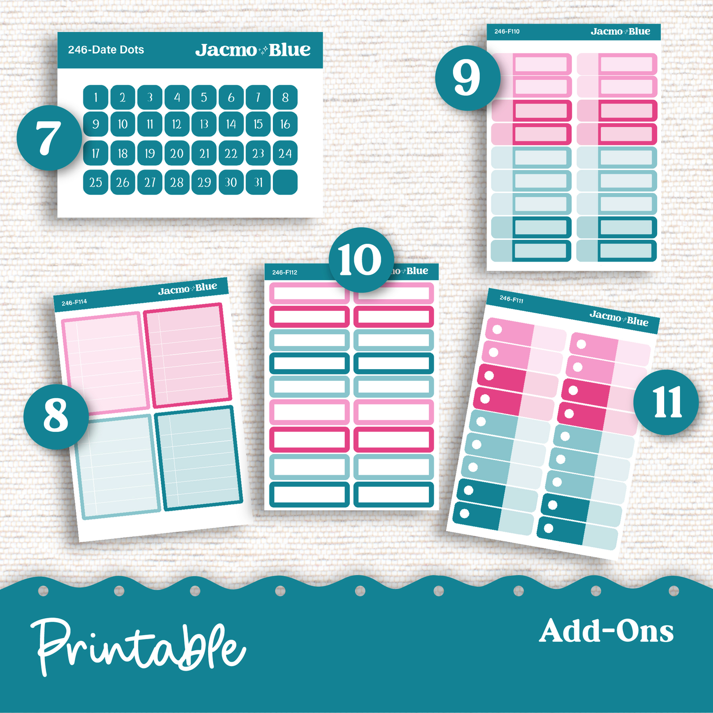 PRINTABLE Weekly Sticker Kit Vertical Planner 13 Sheets - Silhouette Cricut Transparent PNG Files 246P Pink Teal Shabby Chic Pretty Grunge