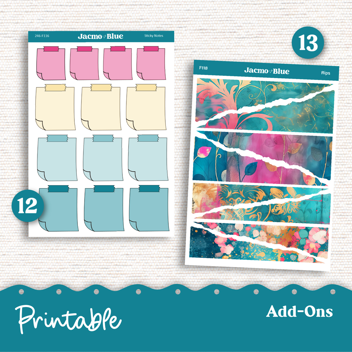 PRINTABLE Weekly Sticker Kit Vertical Planner 13 Sheets - Silhouette Cricut Transparent PNG Files 246P Pink Teal Shabby Chic Pretty Grunge