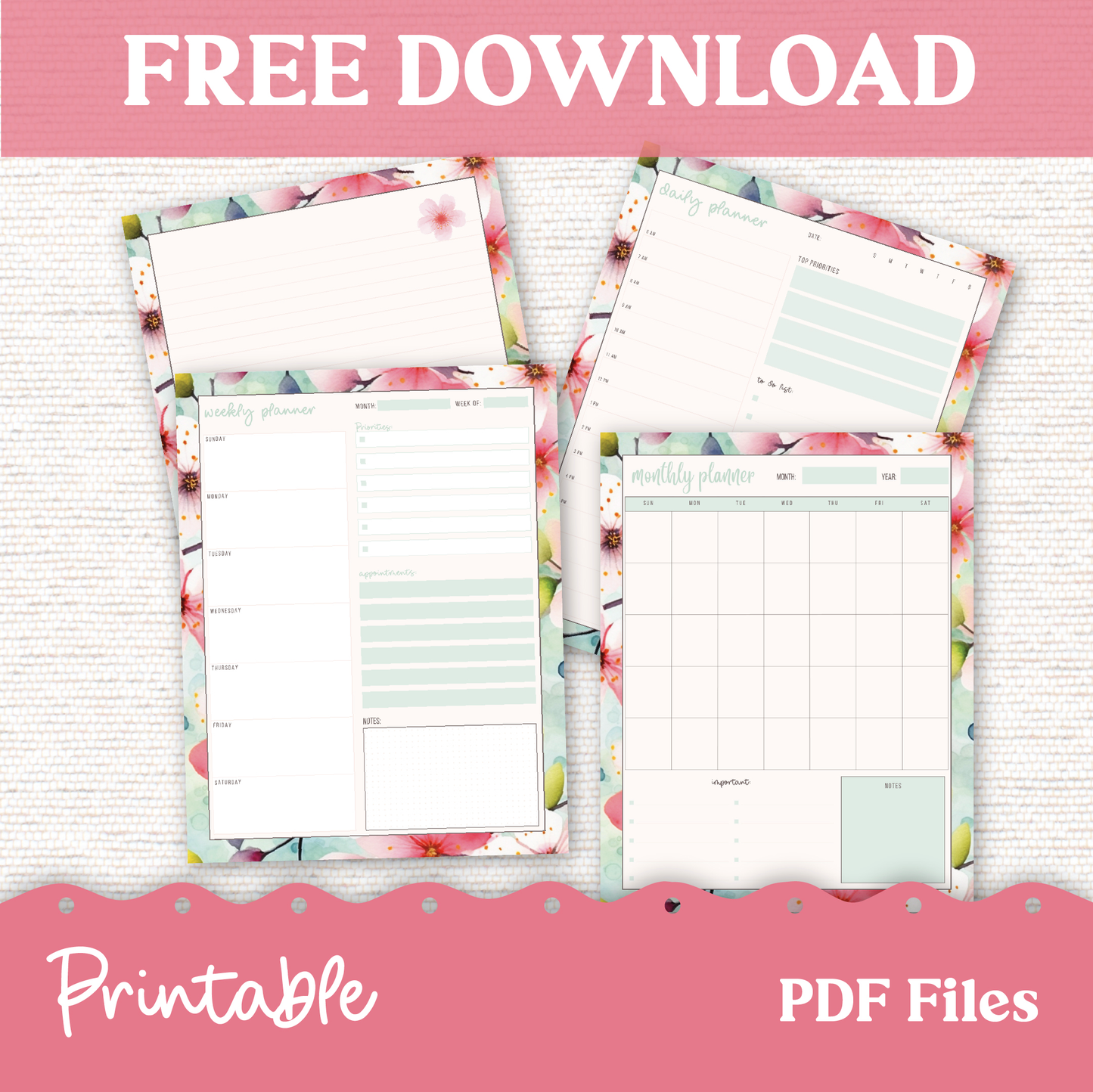 Printable Planner Sakura 251 - Monthly Daily Weekly Note Page PDF Files Cherry Blossoms