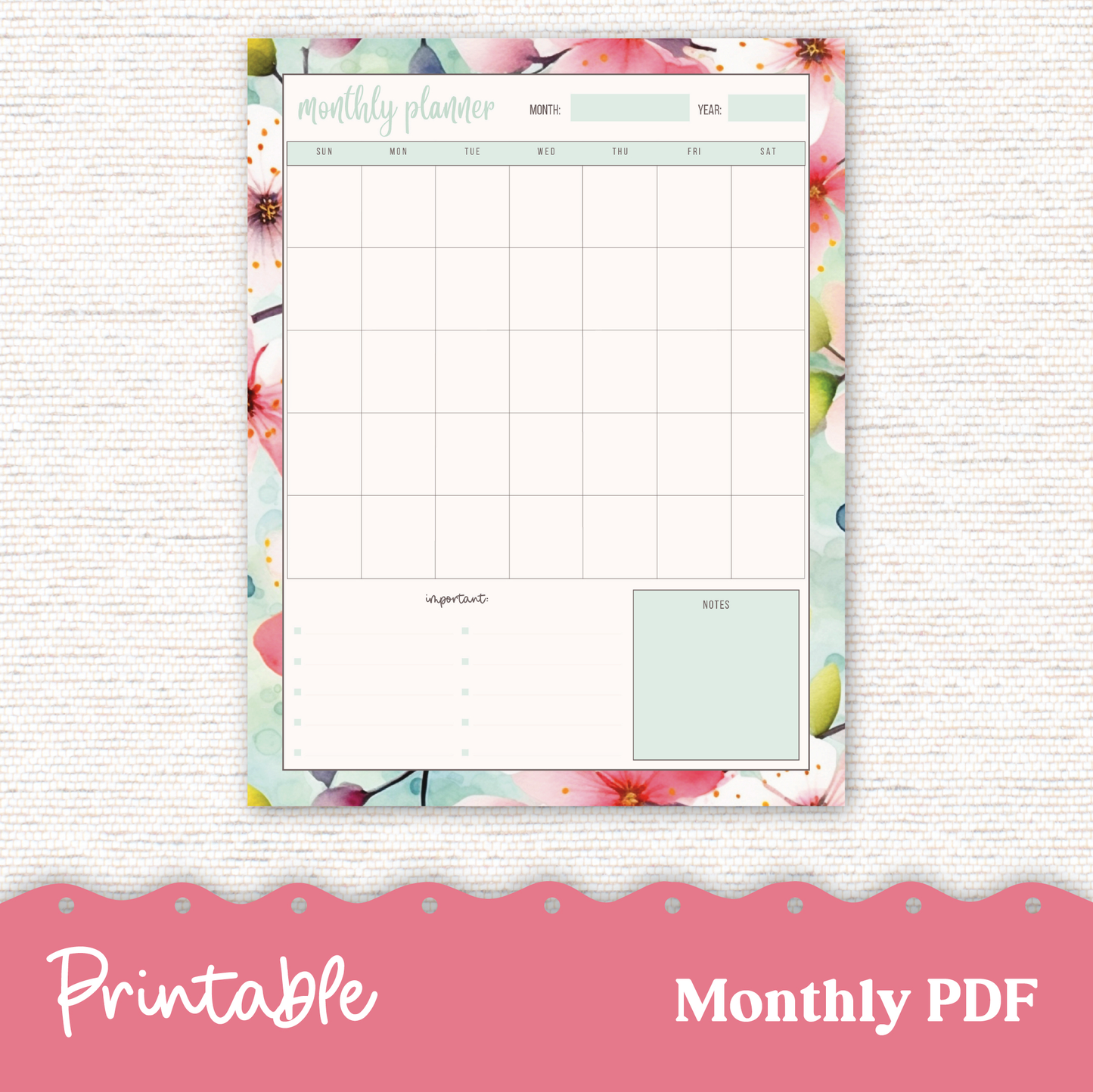 Printable Planner Sakura 251 - Monthly Daily Weekly Note Page PDF Files Cherry Blossoms