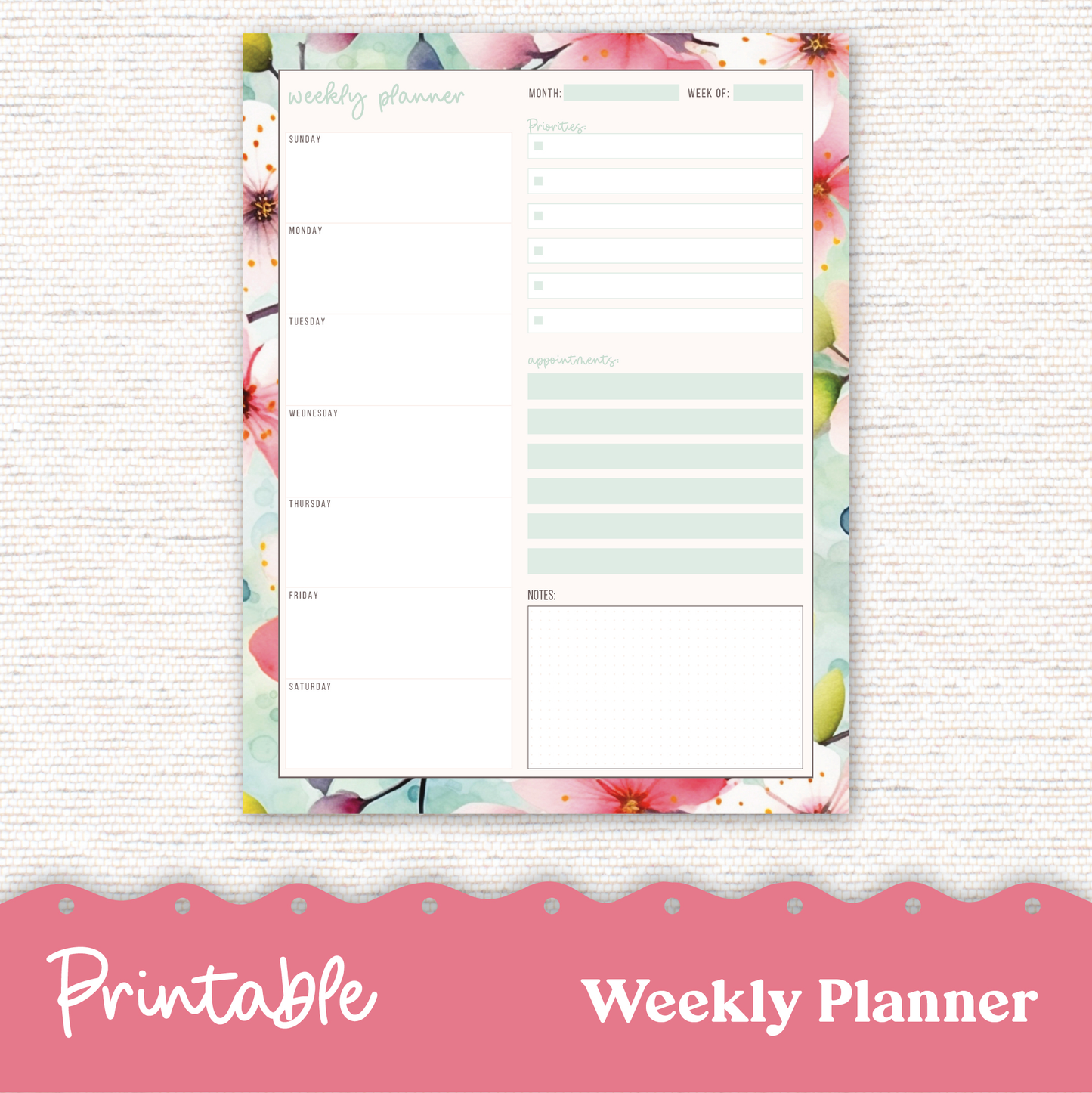 Printable Planner Sakura 251 - Monthly Daily Weekly Note Page PDF Files Cherry Blossoms