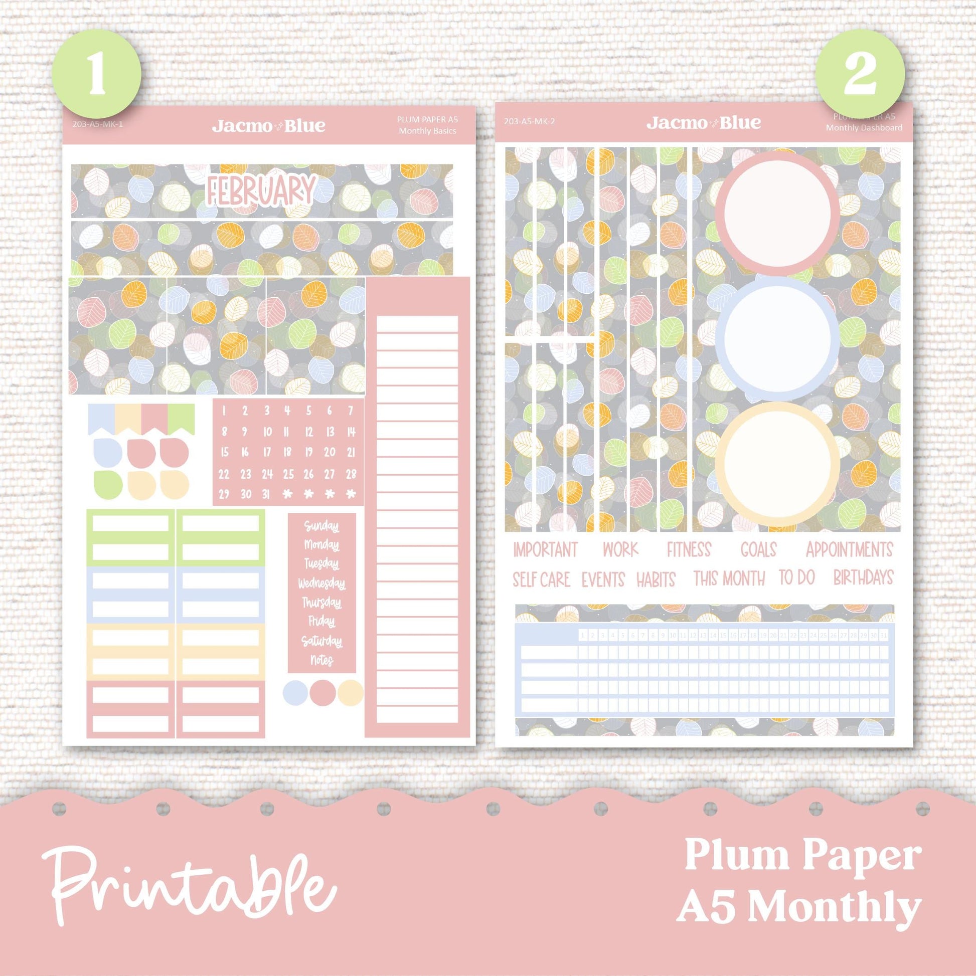 February Plum Paper Planner Printable Monthly Stickers 8x11 7x9 A5 Print and Cut Download - 203P