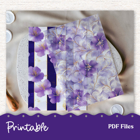 4 PDF Files - Printable Dashboard for Planner, Junk Journaling, Crafting PDF Digital Download 245VP Purple White Gold Floral February Spring