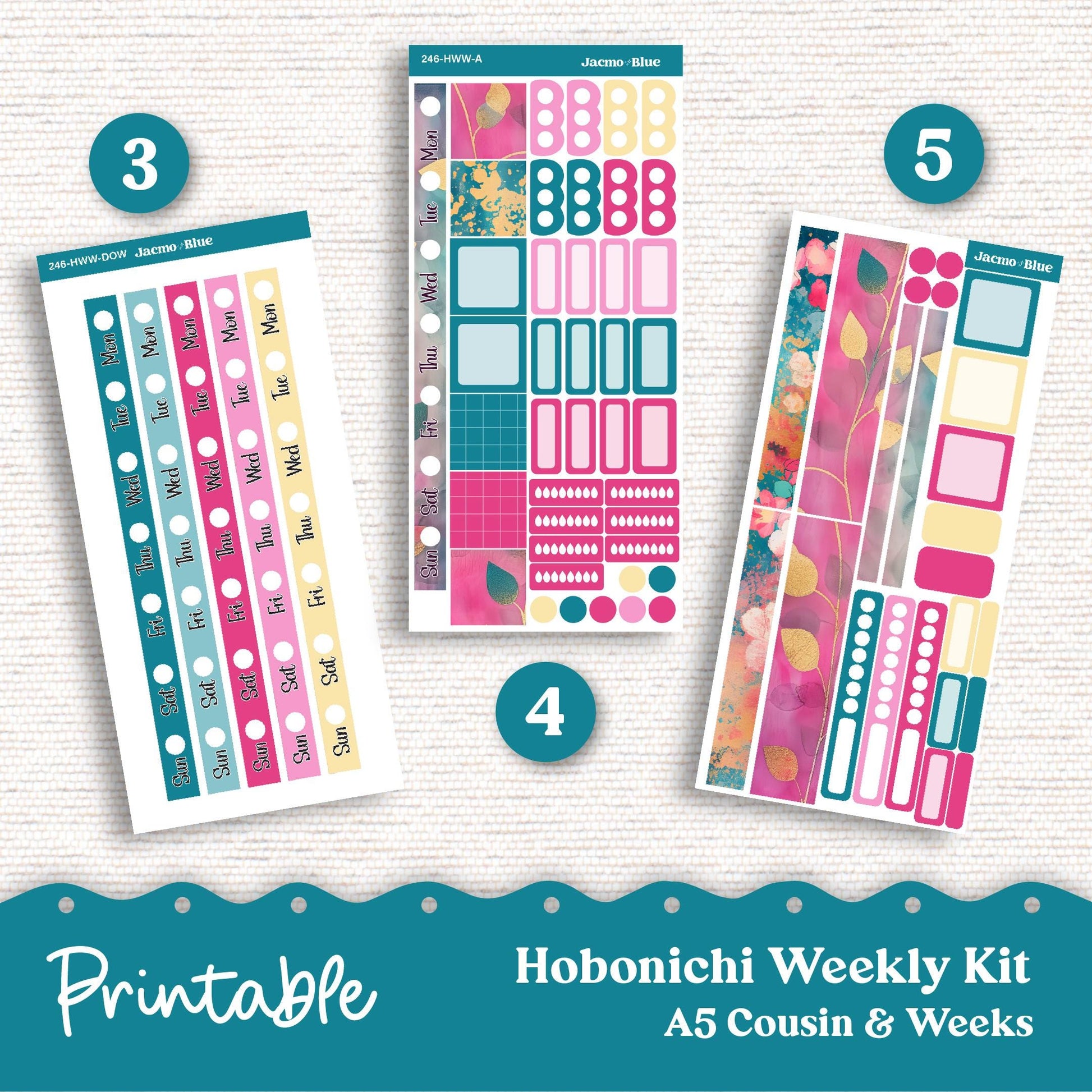 PRINTABLE Hobonichi Weekly Sticker Kit Cousin & Weeks Planner Stickers - Silhouette Cricut Transparent PNG Files 246 Teal Pink Gold