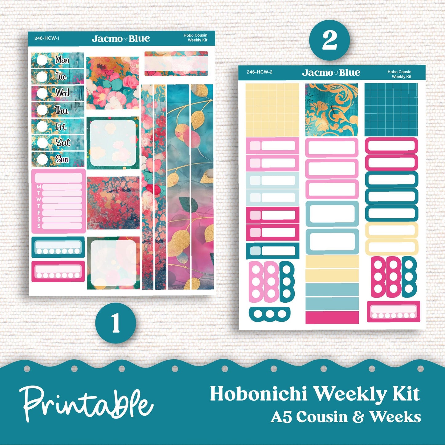 PRINTABLE Hobonichi Weekly Sticker Kit Cousin & Weeks Planner Stickers - Silhouette Cricut Transparent PNG Files 246 Teal Pink Gold