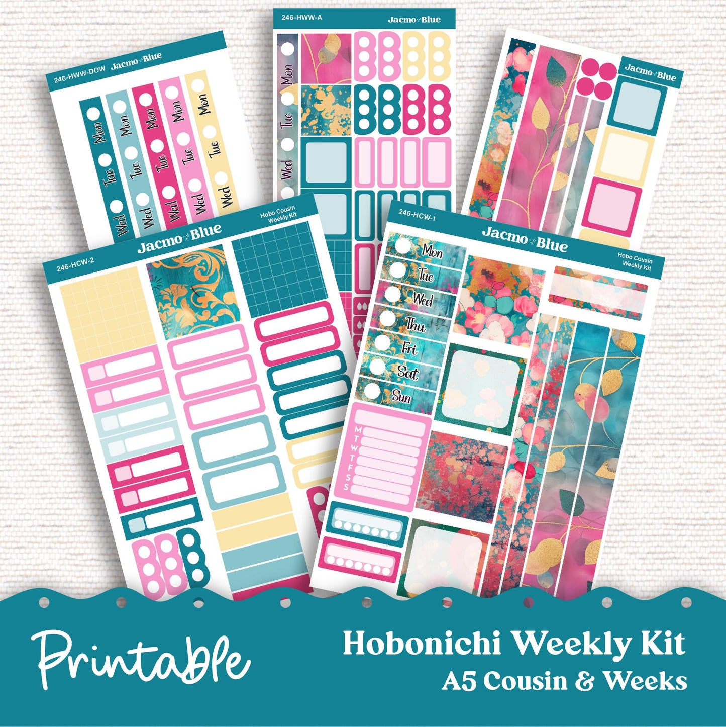 PRINTABLE Hobonichi Weekly Sticker Kit Cousin & Weeks Planner Stickers - Silhouette Cricut Transparent PNG Files 246 Teal Pink Gold
