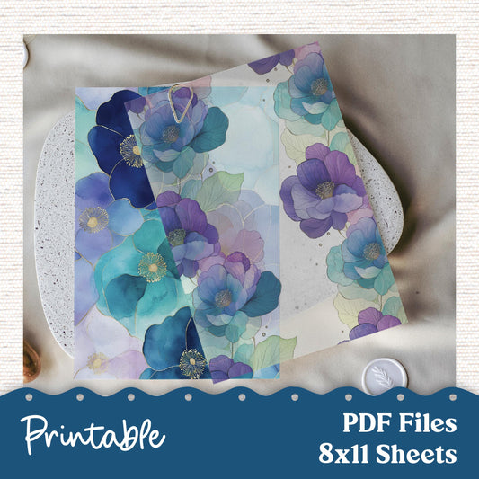 3 PDF Files - Printable Dashboard for Planner, Junk Journaling, Crafting PDF Digital Download 247 Blue Green Purple Floral