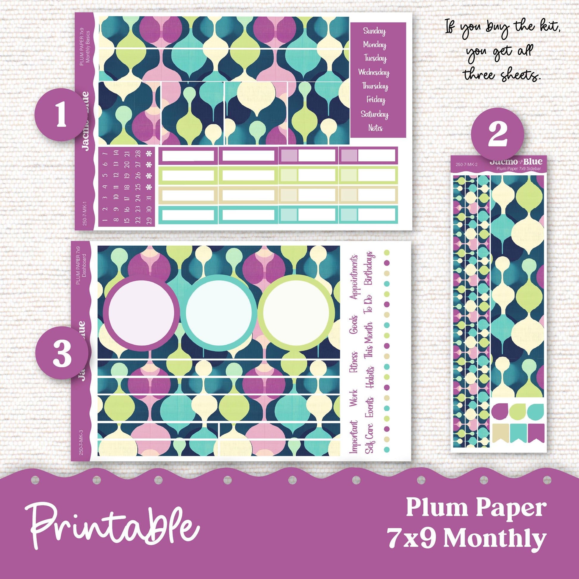 PRINTABLE Plum Paper Planner Monthly Stickers October 8x11 7x9 A5 Print and Cut - 249P Mid-Century Modern