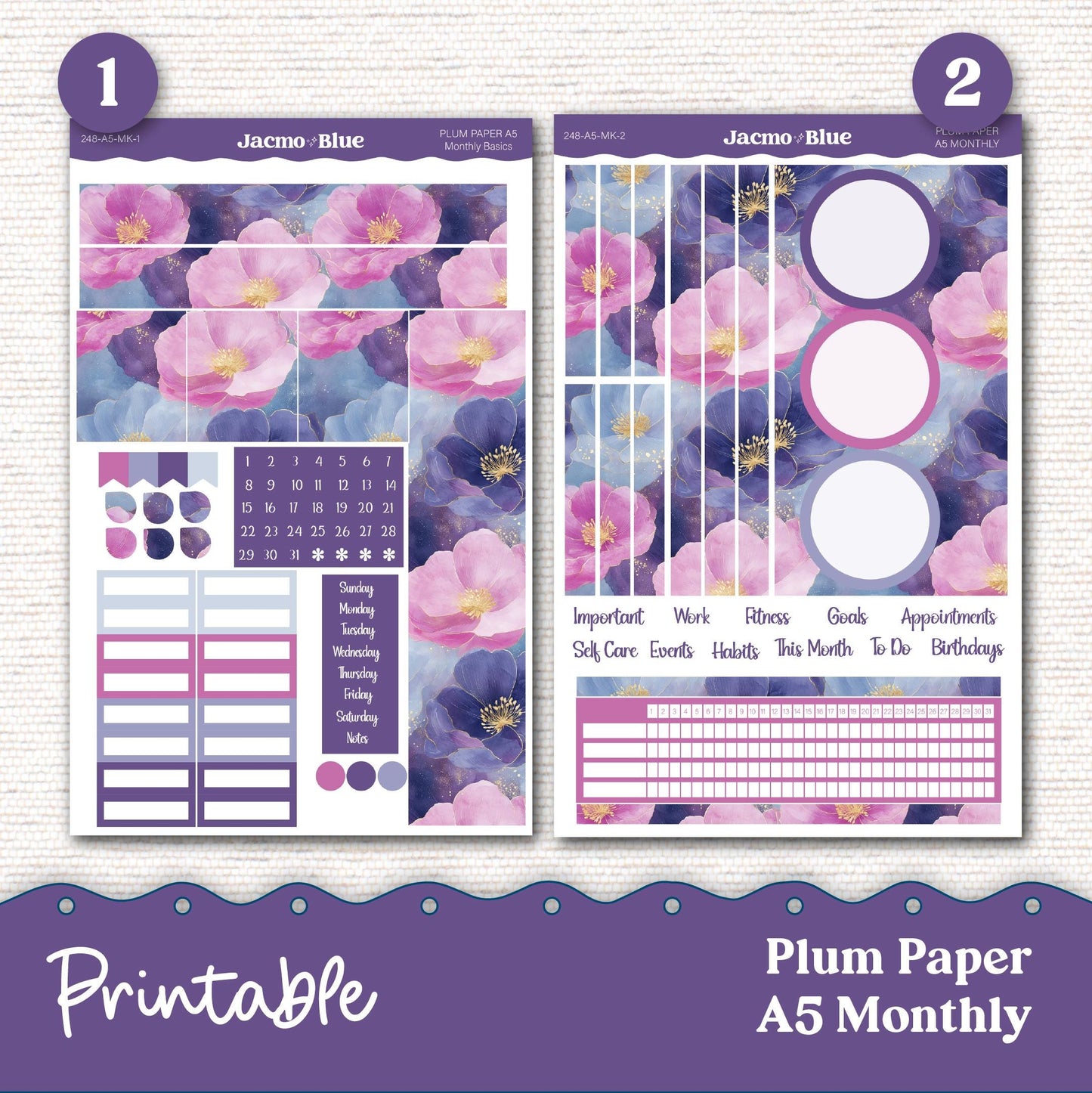 PRINTABLE Plum Paper Planner Monthly Stickers October 8x11 7x9 A5 Print and Cut - 248P