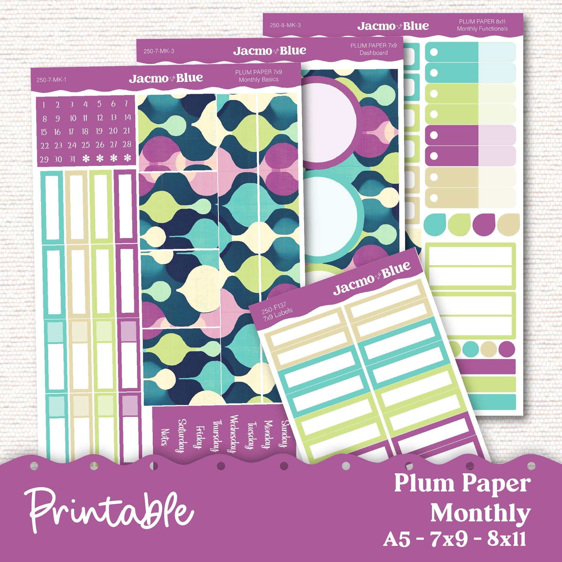 PRINTABLE Plum Paper Planner Monthly Stickers October 8x11 7x9 A5 Print and Cut - 249P Mid-Century Modern