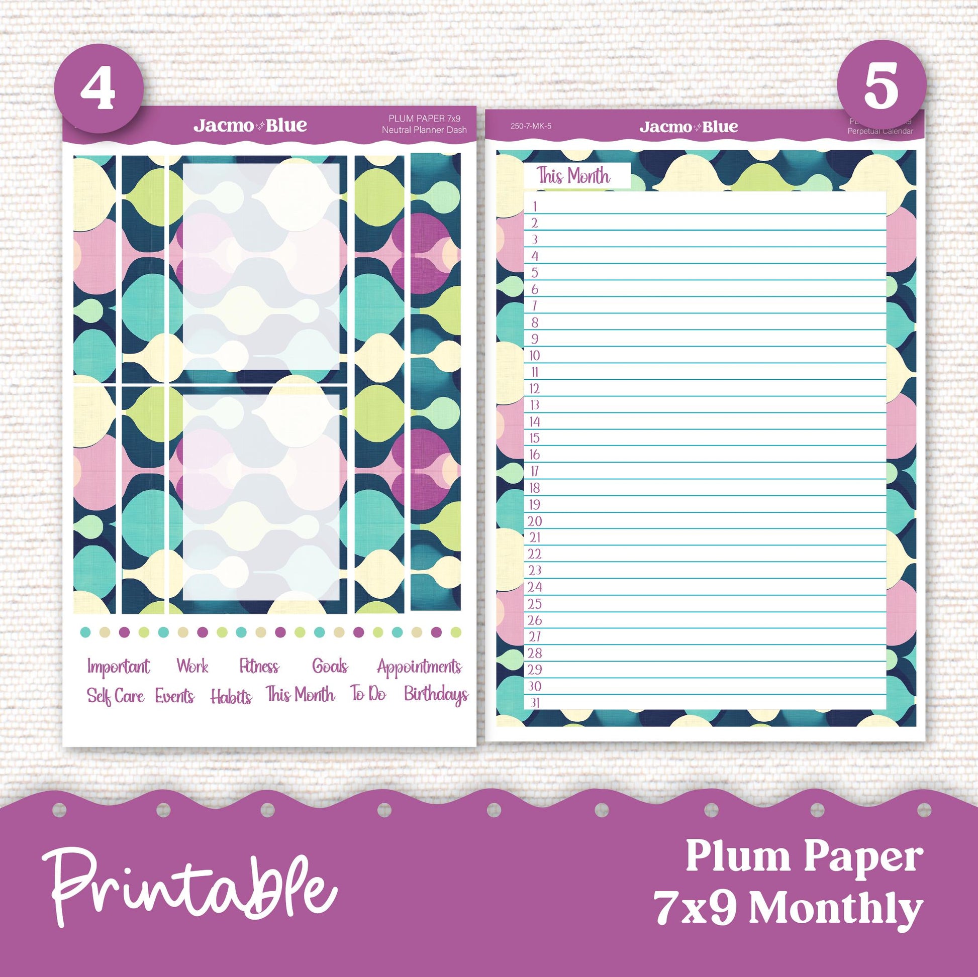 PRINTABLE Plum Paper Planner Monthly Stickers October 8x11 7x9 A5 Print and Cut - 249P Mid-Century Modern