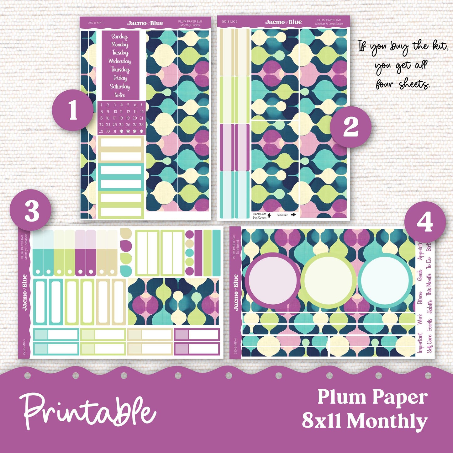 PRINTABLE Plum Paper Planner Monthly Stickers October 8x11 7x9 A5 Print and Cut - 249P Mid-Century Modern