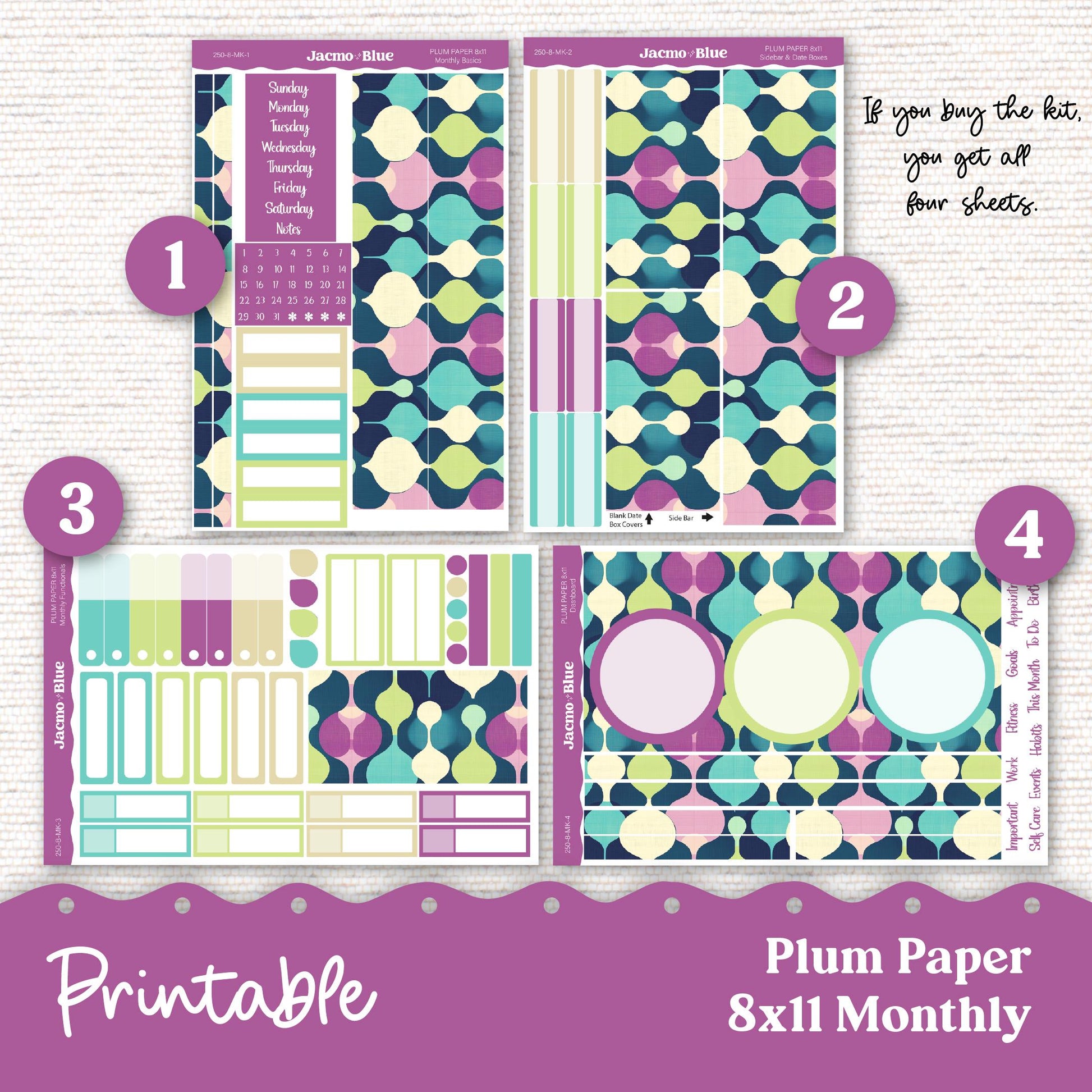 PRINTABLE Plum Paper Planner Monthly Stickers October 8x11 7x9 A5 Print and Cut - 249P Mid-Century Modern