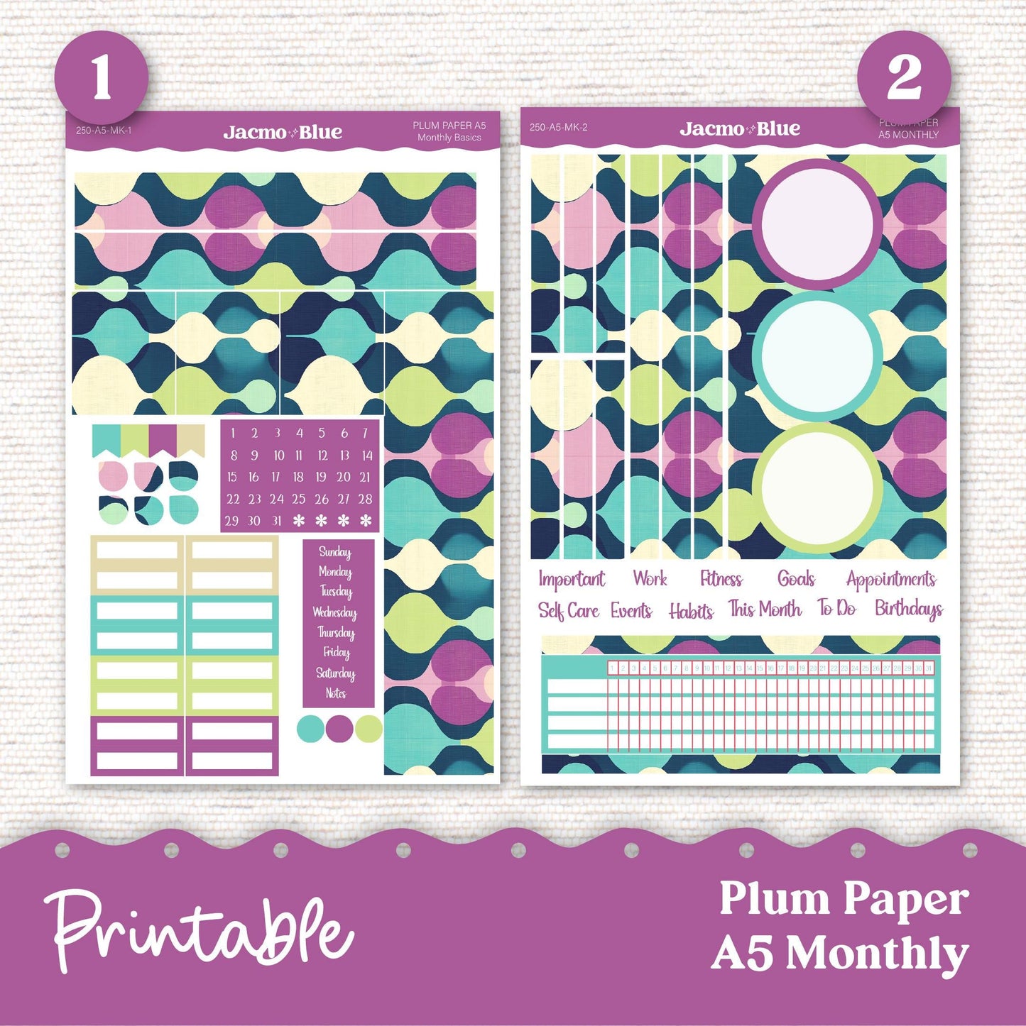 PRINTABLE Plum Paper Planner Monthly Stickers October 8x11 7x9 A5 Print and Cut - 249P Mid-Century Modern