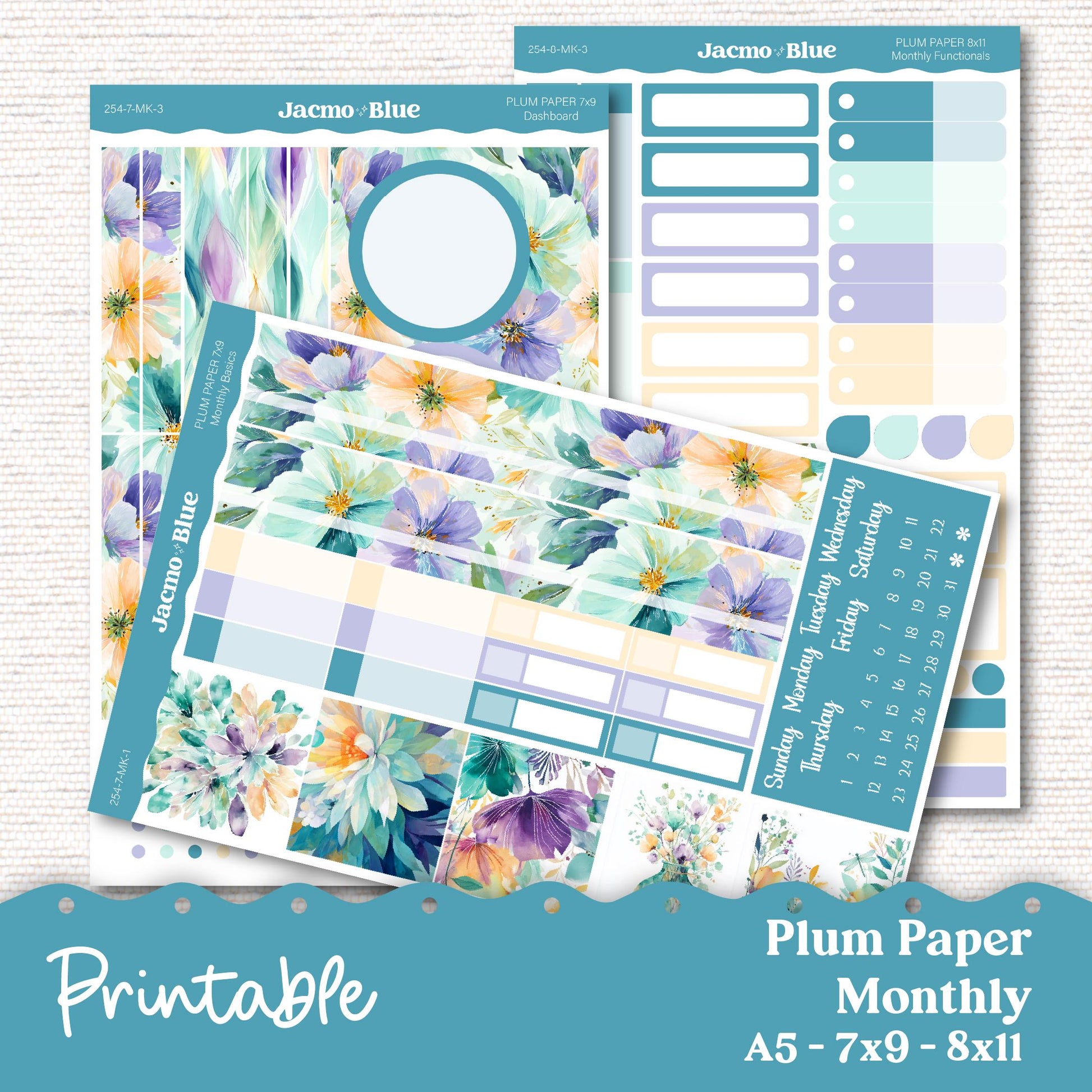 Plum Paper Planner PRINTABLE Monthly Stickers 8x11 7x9 A5 Print and Cut - 254P Green Yellow Purple Flowers plus Bonus Gift