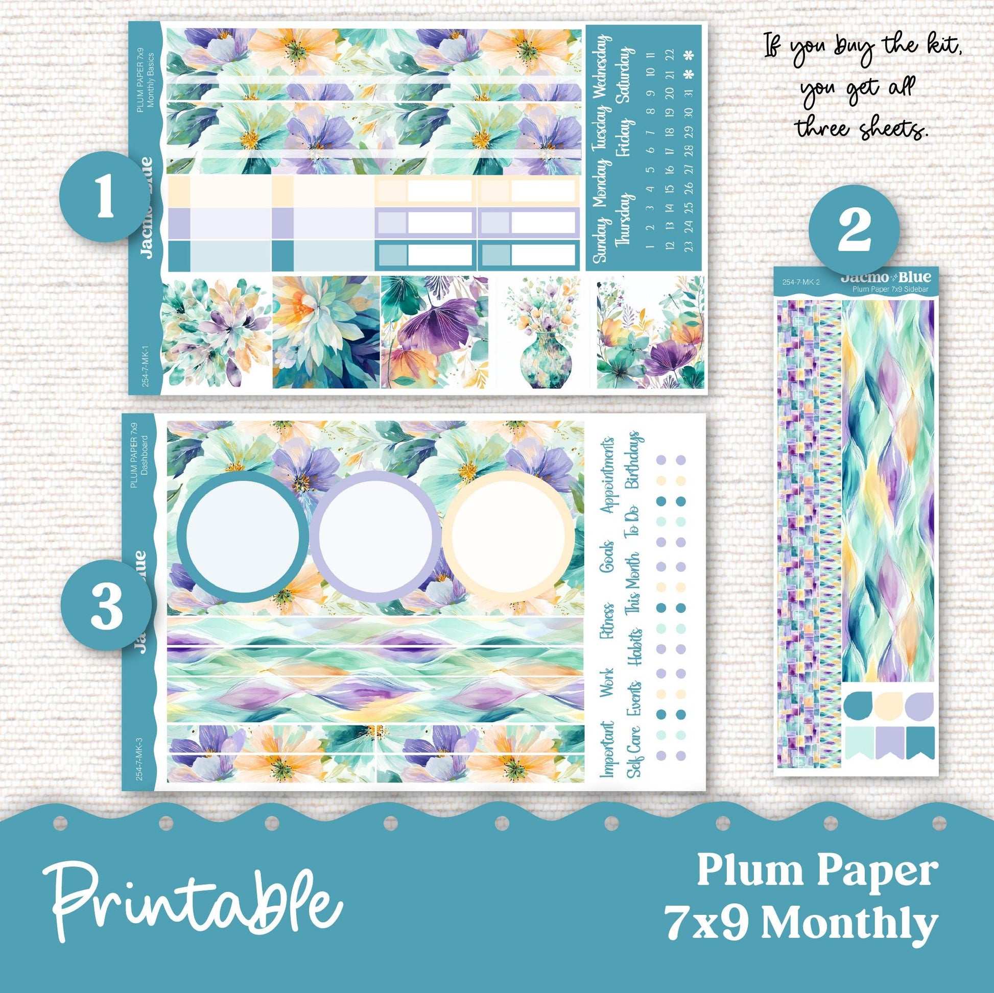 Plum Paper Planner PRINTABLE Monthly Stickers 8x11 7x9 A5 Print and Cut - 254P Green Yellow Purple Flowers plus Bonus Gift
