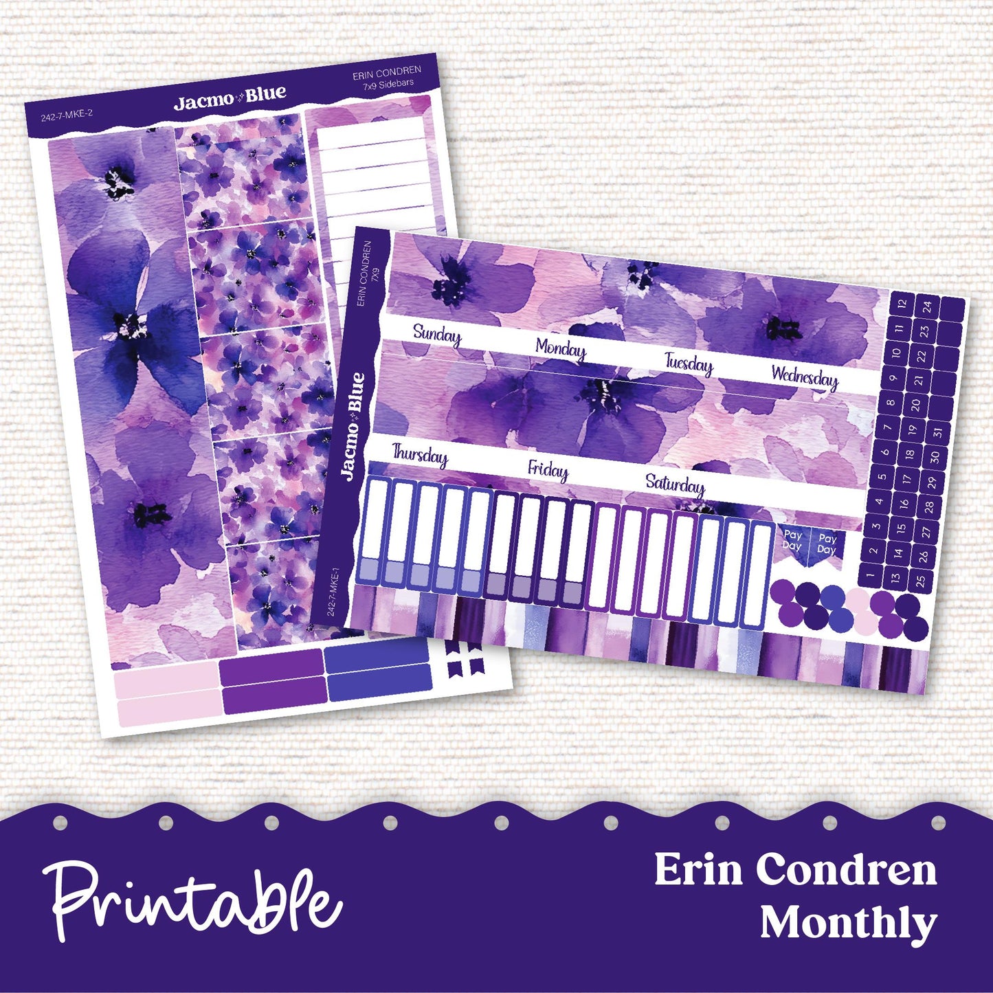 PRINTABLE Monthly Planner Stickers for Erin Condren 7x9 and A5 - Print and Cut Silhouette and Cricut - 242P Purple Watercolor