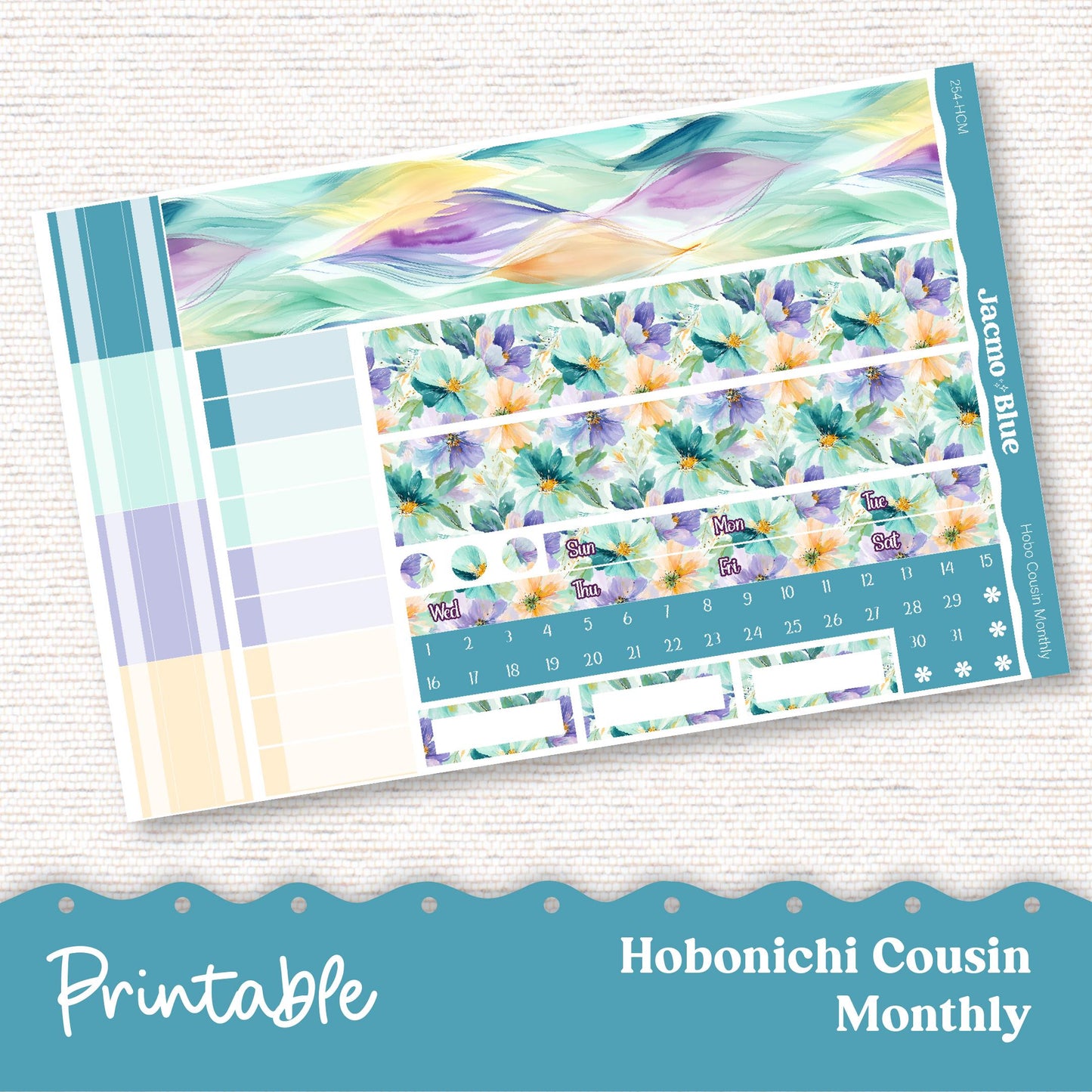 254P PRINTABLE Monthly Planner Stickers for Hobonichi Cousin A5 - Print and Cut Silhouette and Cricut - Cool Summer Floral