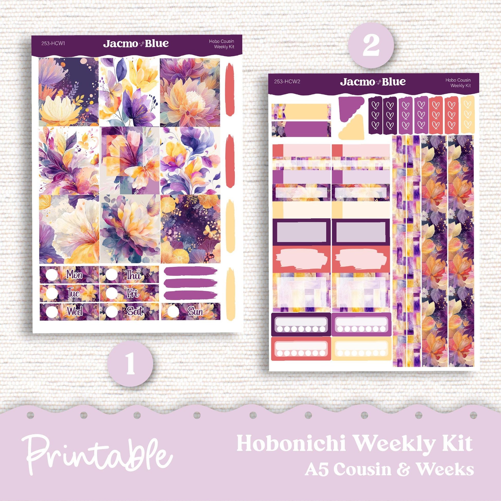 253P PRINTABLE Hobonichi Weekly Sticker Kit Cousin & Weeks Planner Stickers - Silhouette Cricut Transparent PNG Files 253P Glassy Florals