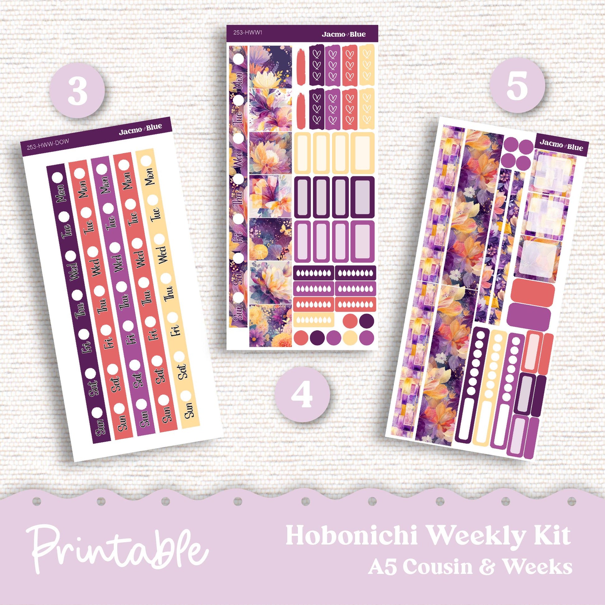 253P PRINTABLE Hobonichi Weekly Sticker Kit Cousin & Weeks Planner Stickers - Silhouette Cricut Transparent PNG Files 253P Glassy Florals