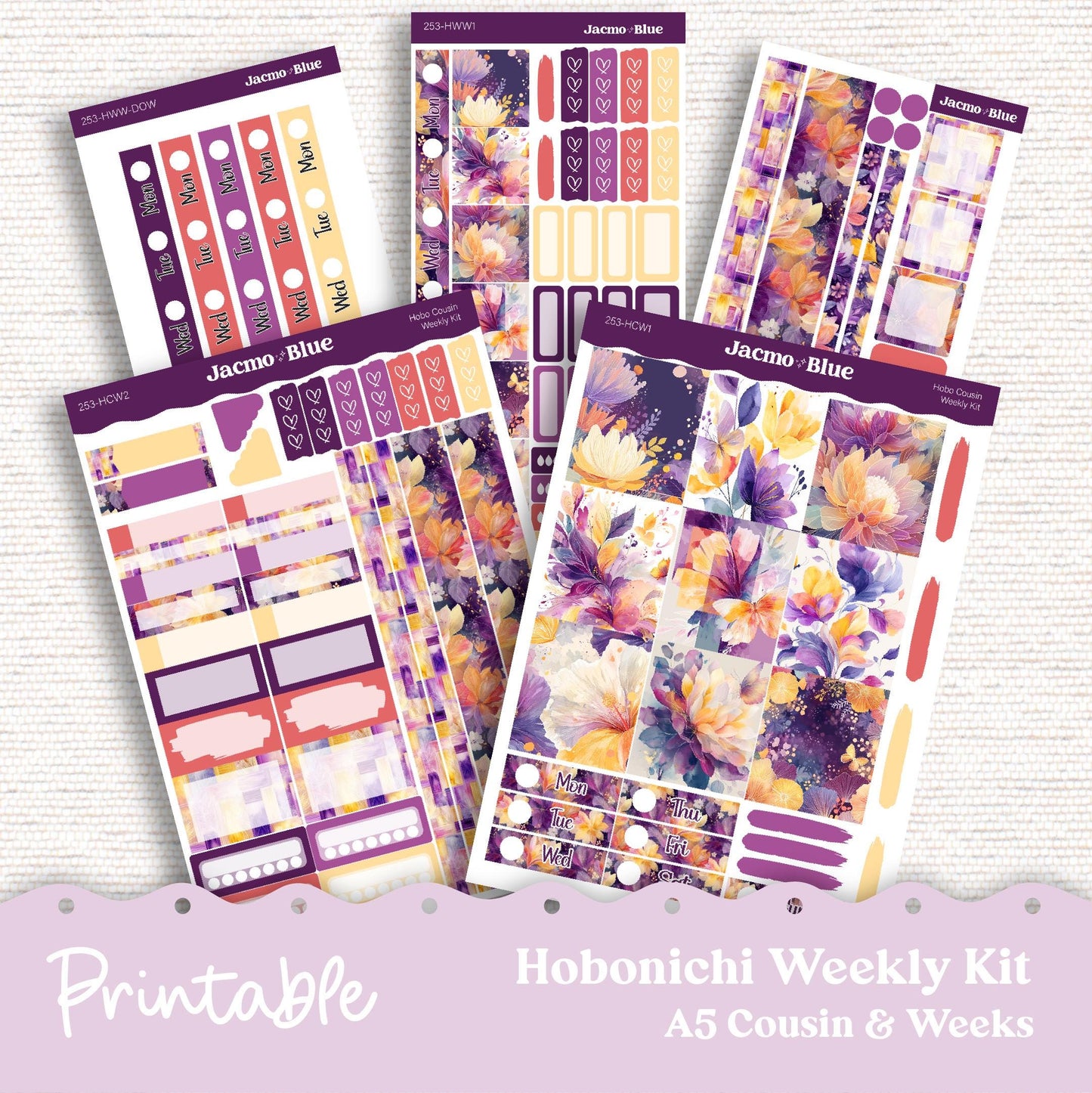 253P PRINTABLE Hobonichi Weekly Sticker Kit Cousin & Weeks Planner Stickers - Silhouette Cricut Transparent PNG Files 253P Glassy Florals