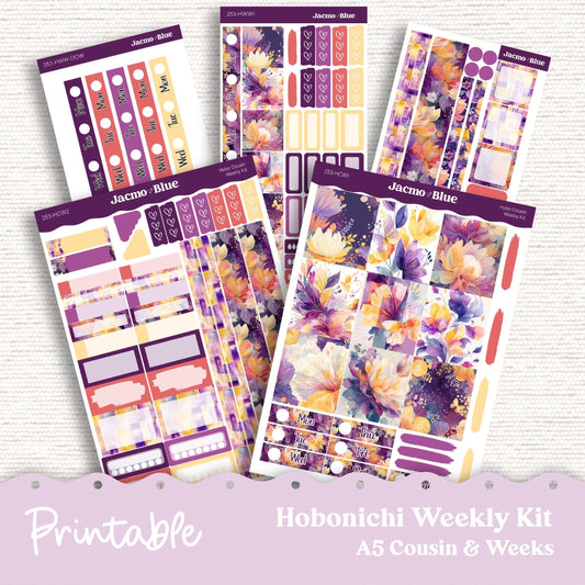 253P PRINTABLE Hobonichi Weekly Sticker Kit Cousin & Weeks Planner Stickers - Silhouette Cricut Transparent PNG Files 253P Glassy Florals