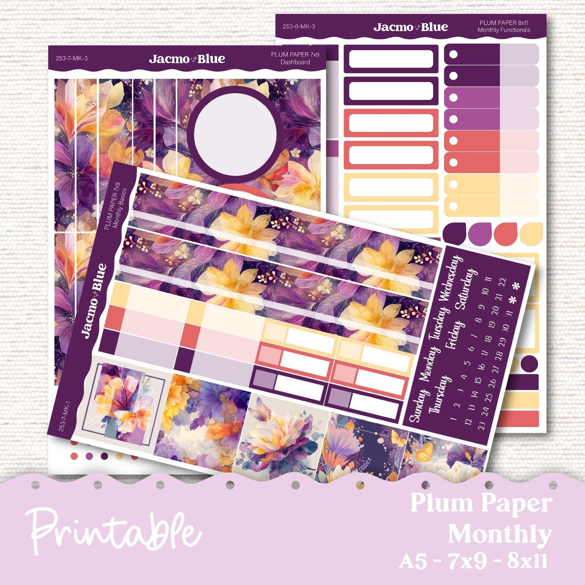 Plum Paper Planner PRINTABLE Monthly Stickers 8x11 7x9 A5 Print and Cut - 253P Glassy Flowers