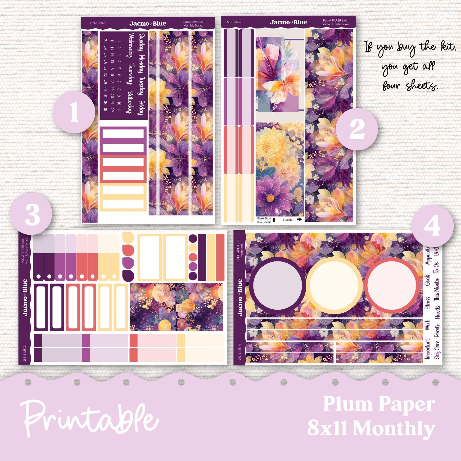 Plum Paper Planner PRINTABLE Monthly Stickers 8x11 7x9 A5 Print and Cut - 253P Glassy Flowers