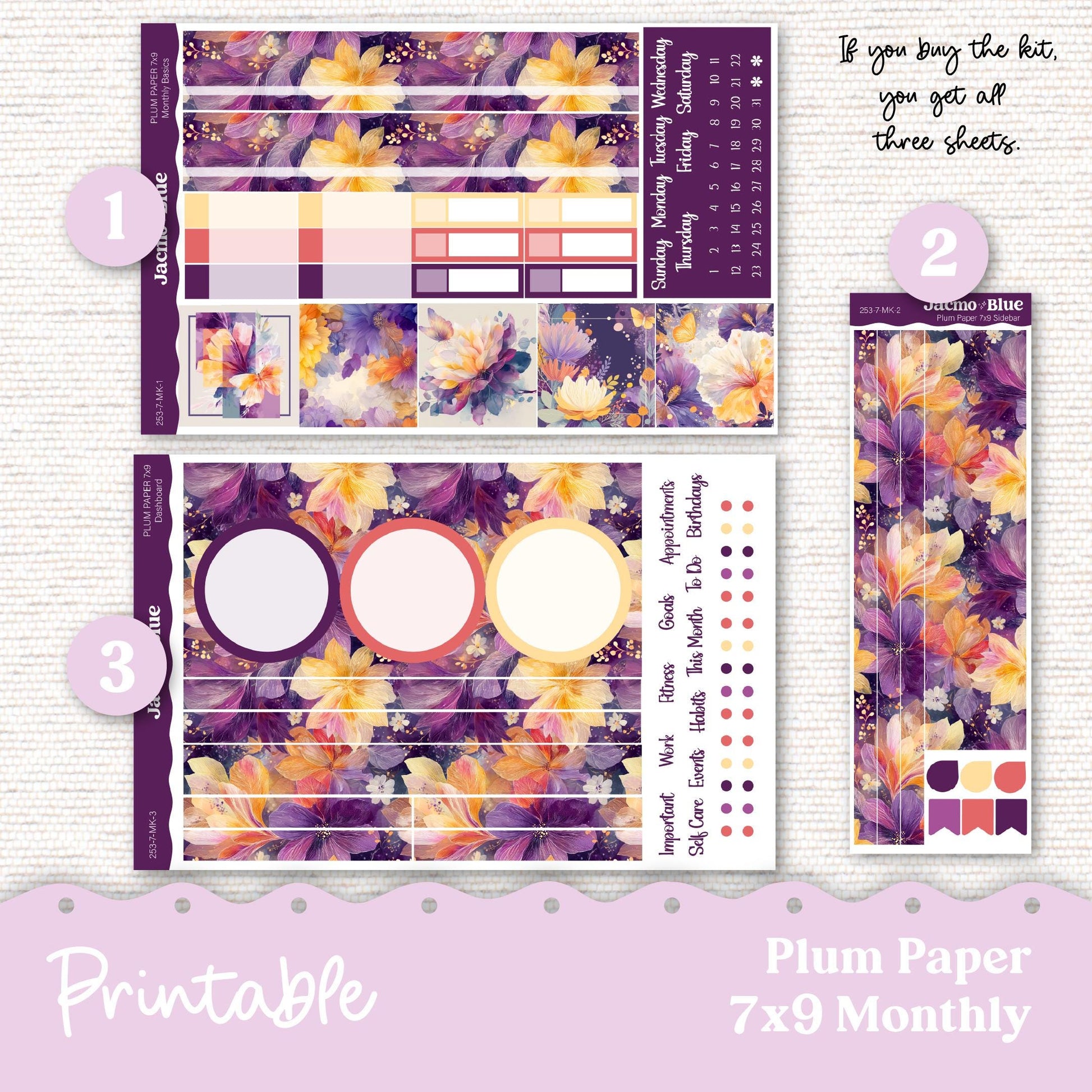 Plum Paper Planner PRINTABLE Monthly Stickers 8x11 7x9 A5 Print and Cut - 253P Glassy Flowers