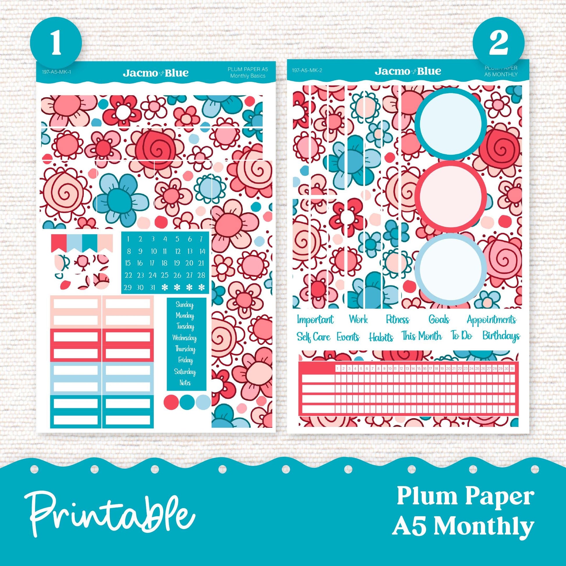 Plum Paper Planner PRINTABLE Monthly Stickers 8x11 7x9 A5 Print and Cut - 249P July Doodles