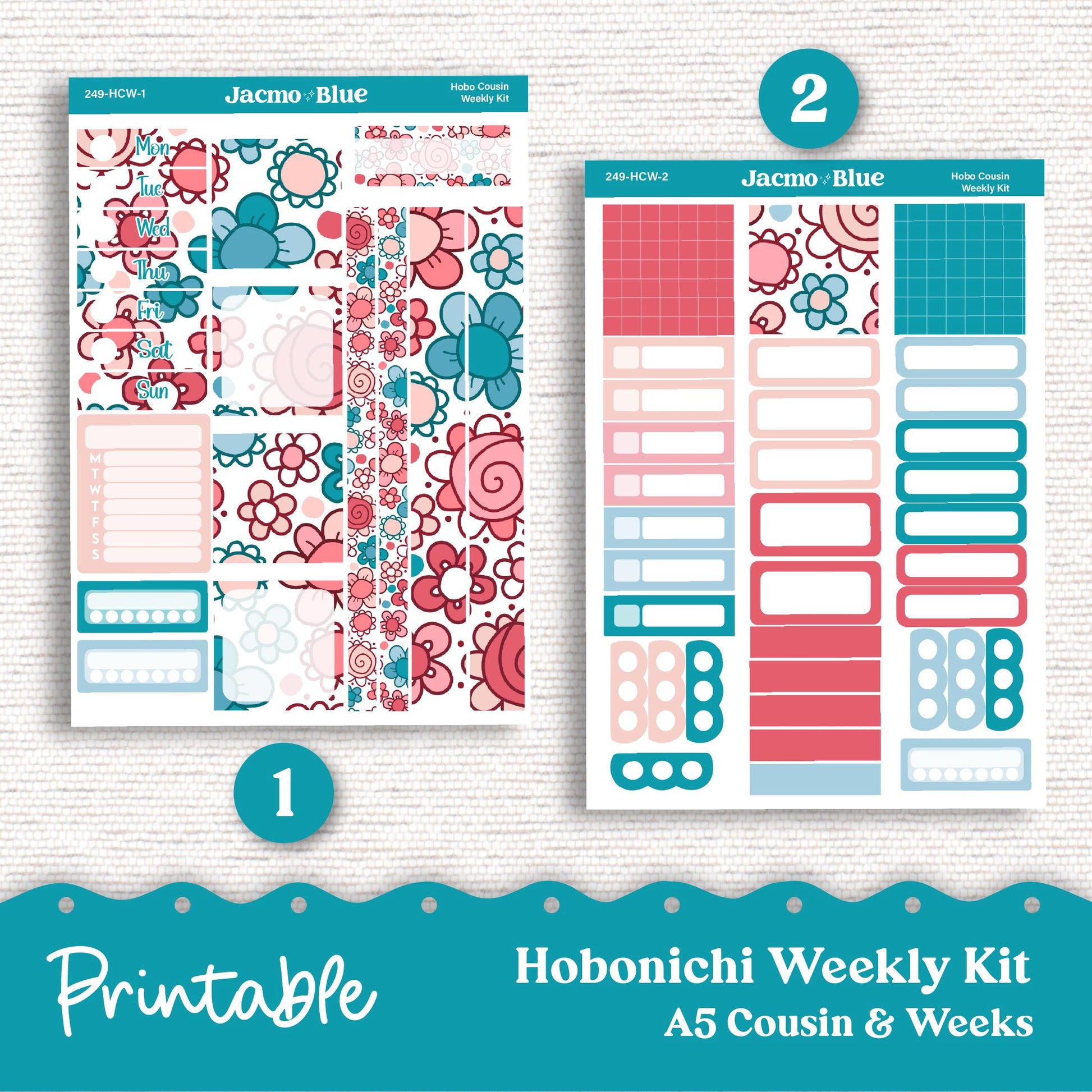 249P PRINTABLE Hobonichi Weekly Sticker Kit Cousin & Weeks Planner Stickers - Silhouette Cricut PNG Files Doodle July Red White Blue