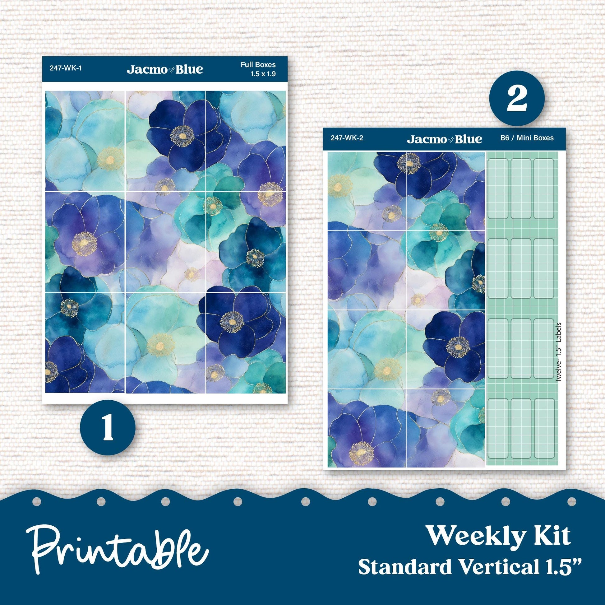 247P PRINTABLE Standard Weekly Sticker Kit Vertical Planner Stickers Erin Condren - Silhouette Cricut Watercolor Blue Green Flowers