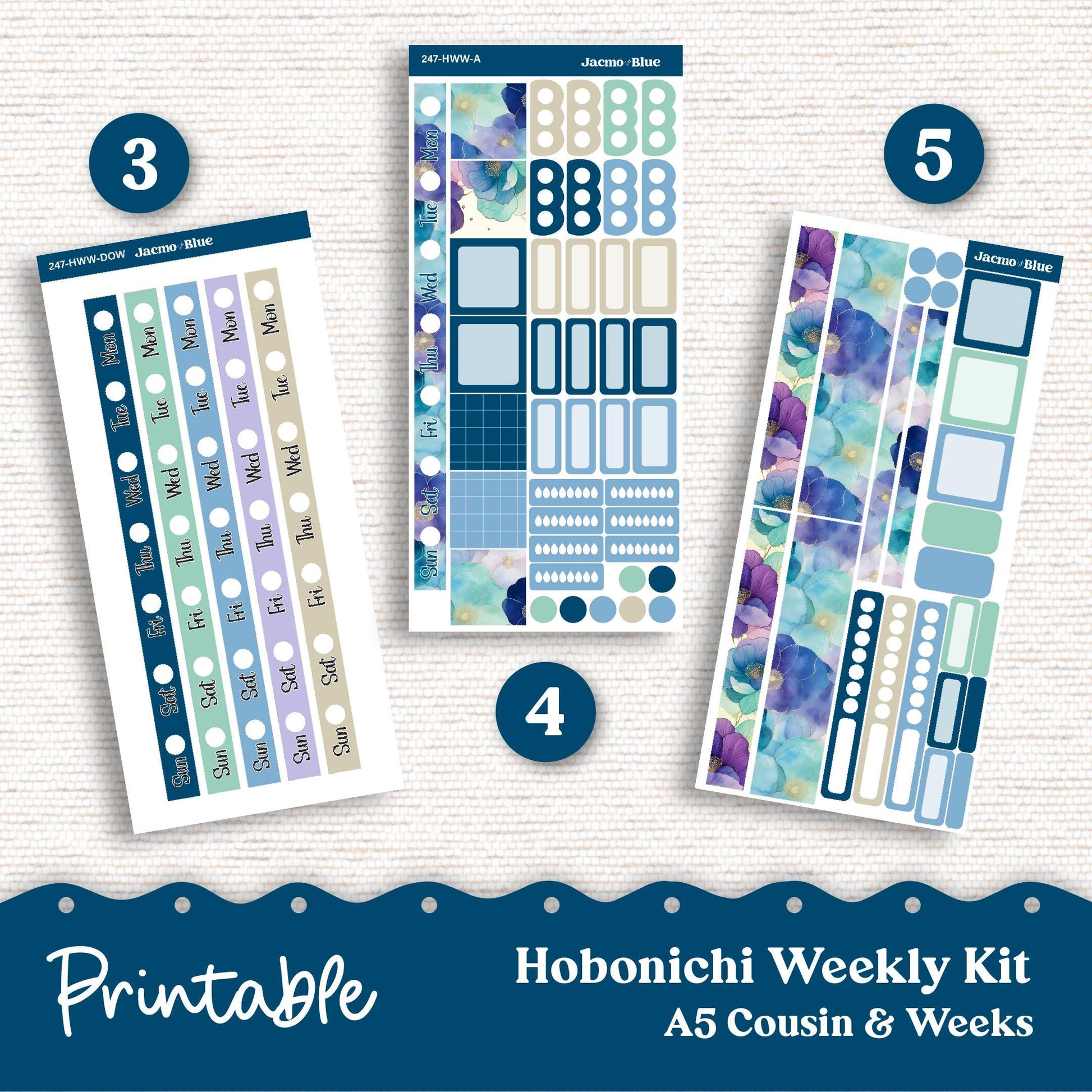 247P PRINTABLE Hobonichi Weekly Sticker Kit Cousin & Weeks Planner Stickers - Silhouette Cricut PNG Files Blue Green Watercolor