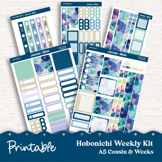 247P PRINTABLE Hobonichi Weekly Sticker Kit Cousin & Weeks Planner Stickers - Silhouette Cricut PNG Files Blue Green Watercolor