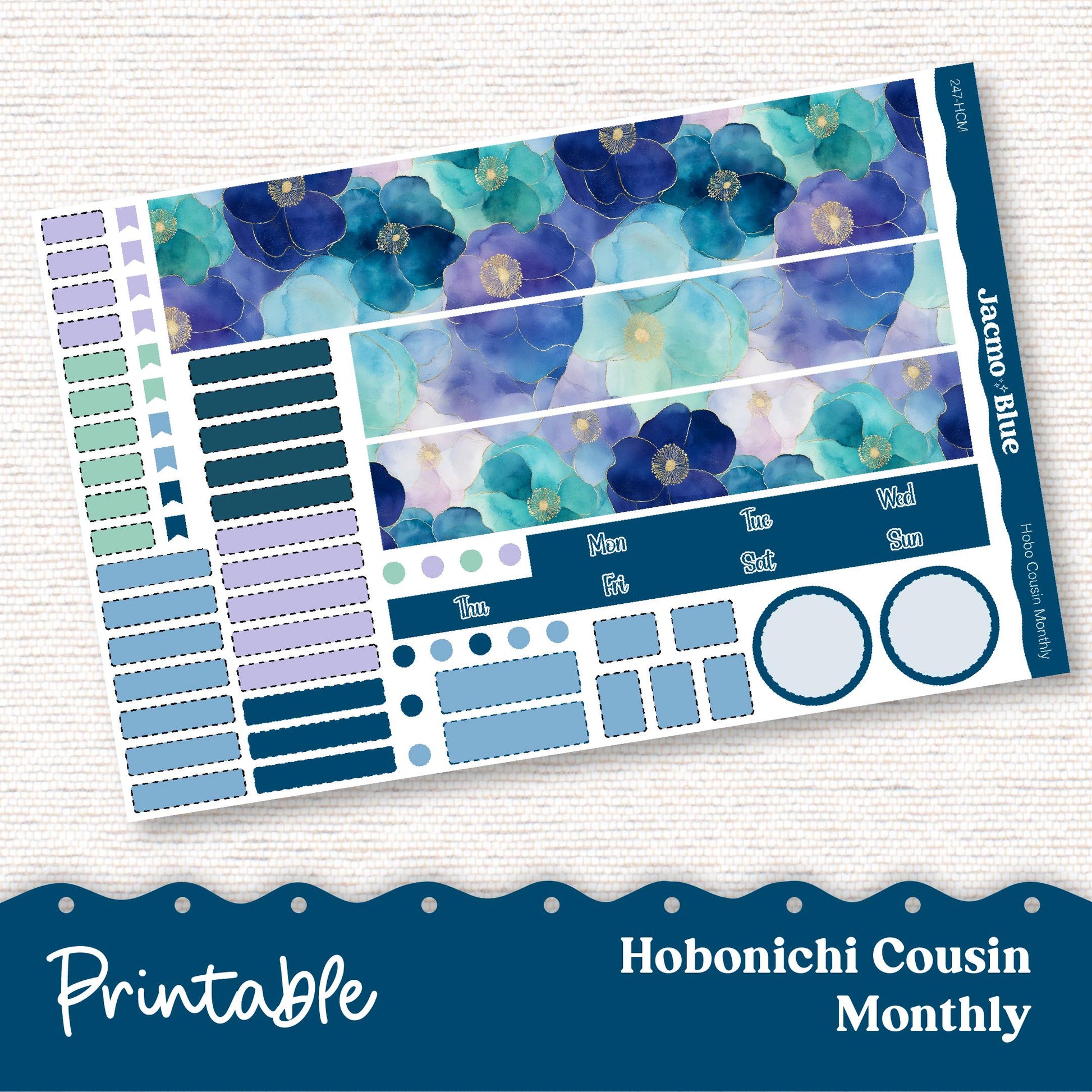 Hobonichi 247P PRINTABLE Monthly Planner Stickers for Cousin A5 - Print and Cut Silhouette and Cricut - Blue Green Watercolor