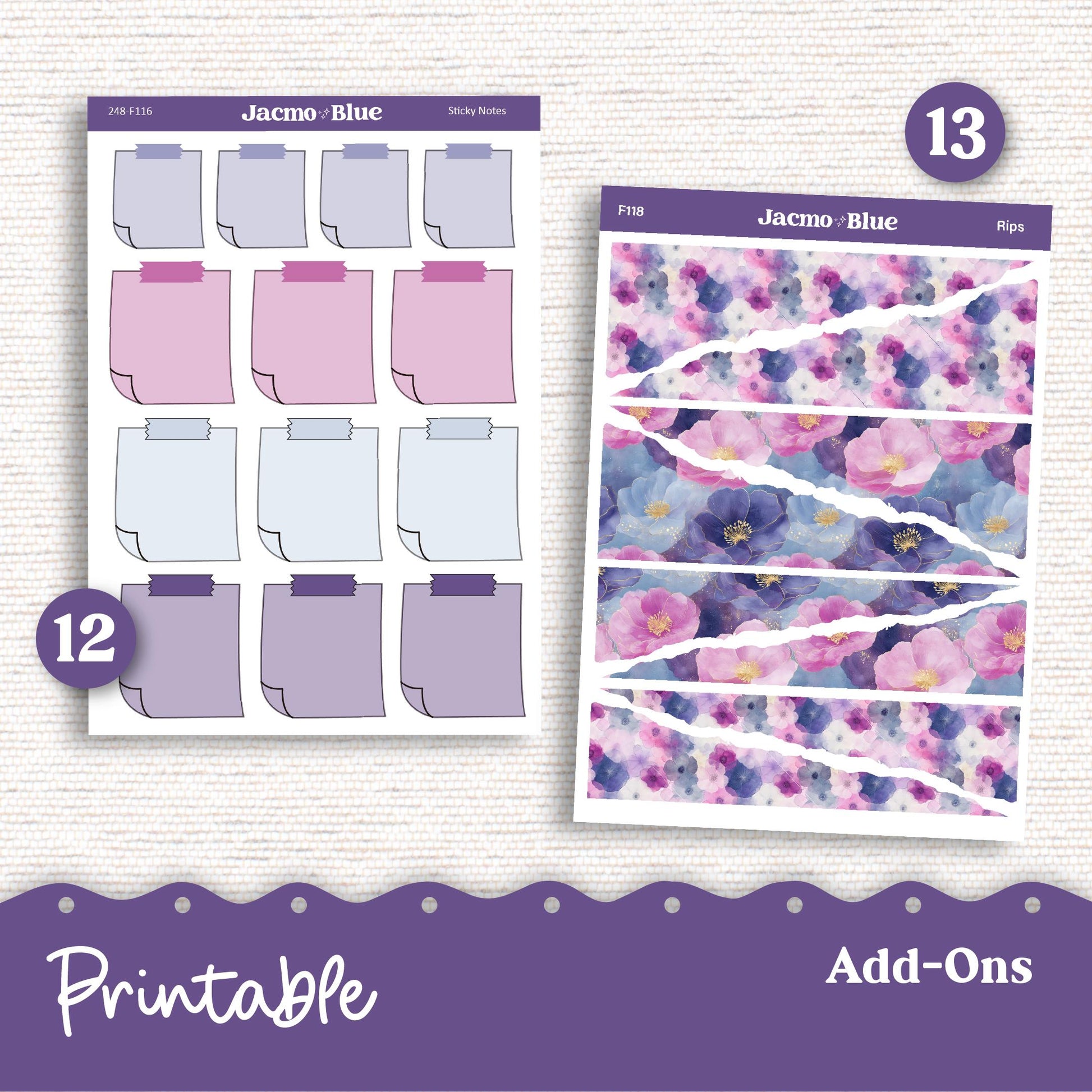 248P PRINTABLE Standard Weekly Sticker Kit Vertical Planner Stickers Erin Condren - Silhouette Cricut Watercolor Blue Purple + Bonus