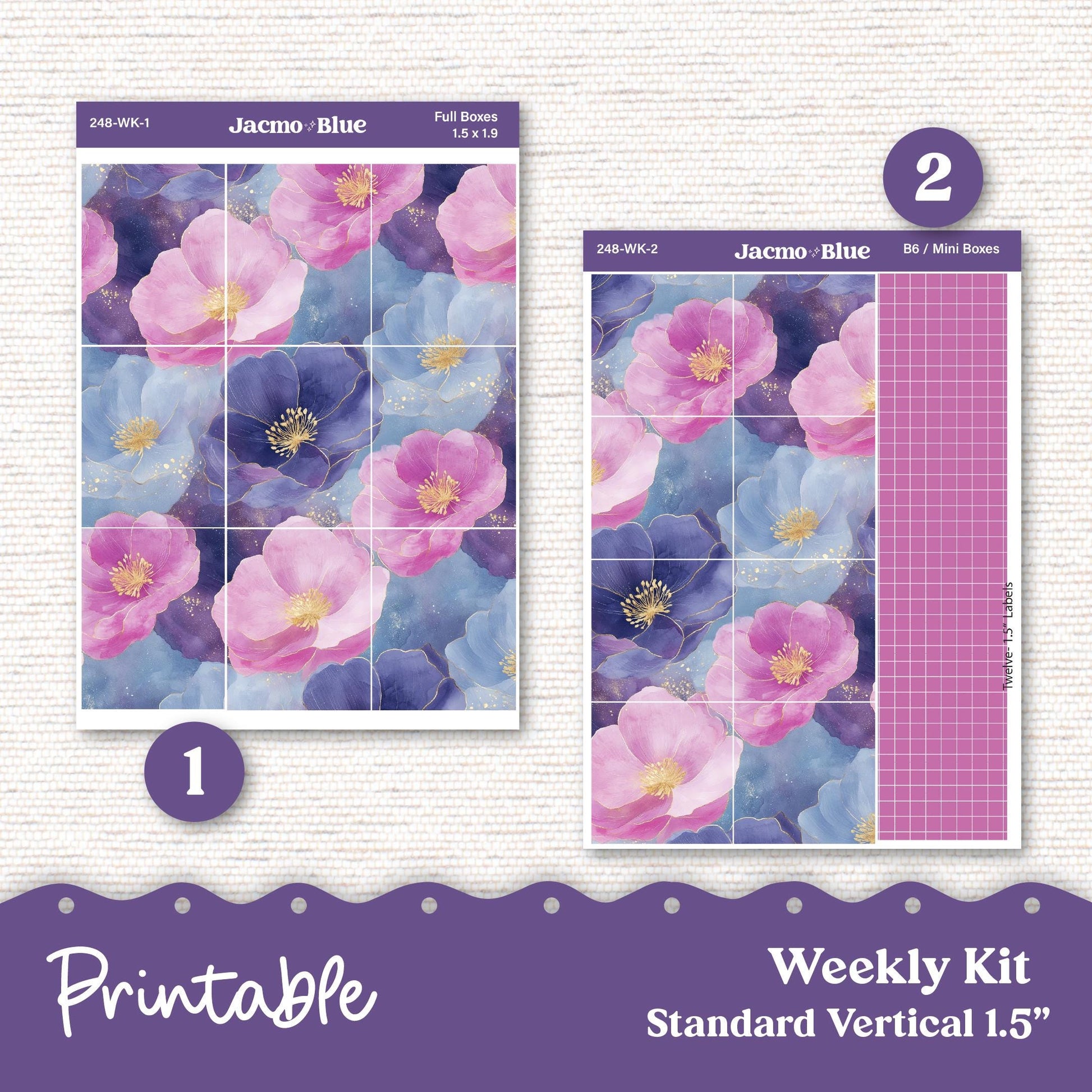 248P PRINTABLE Standard Weekly Sticker Kit Vertical Planner Stickers Erin Condren - Silhouette Cricut Watercolor Blue Purple + Bonus