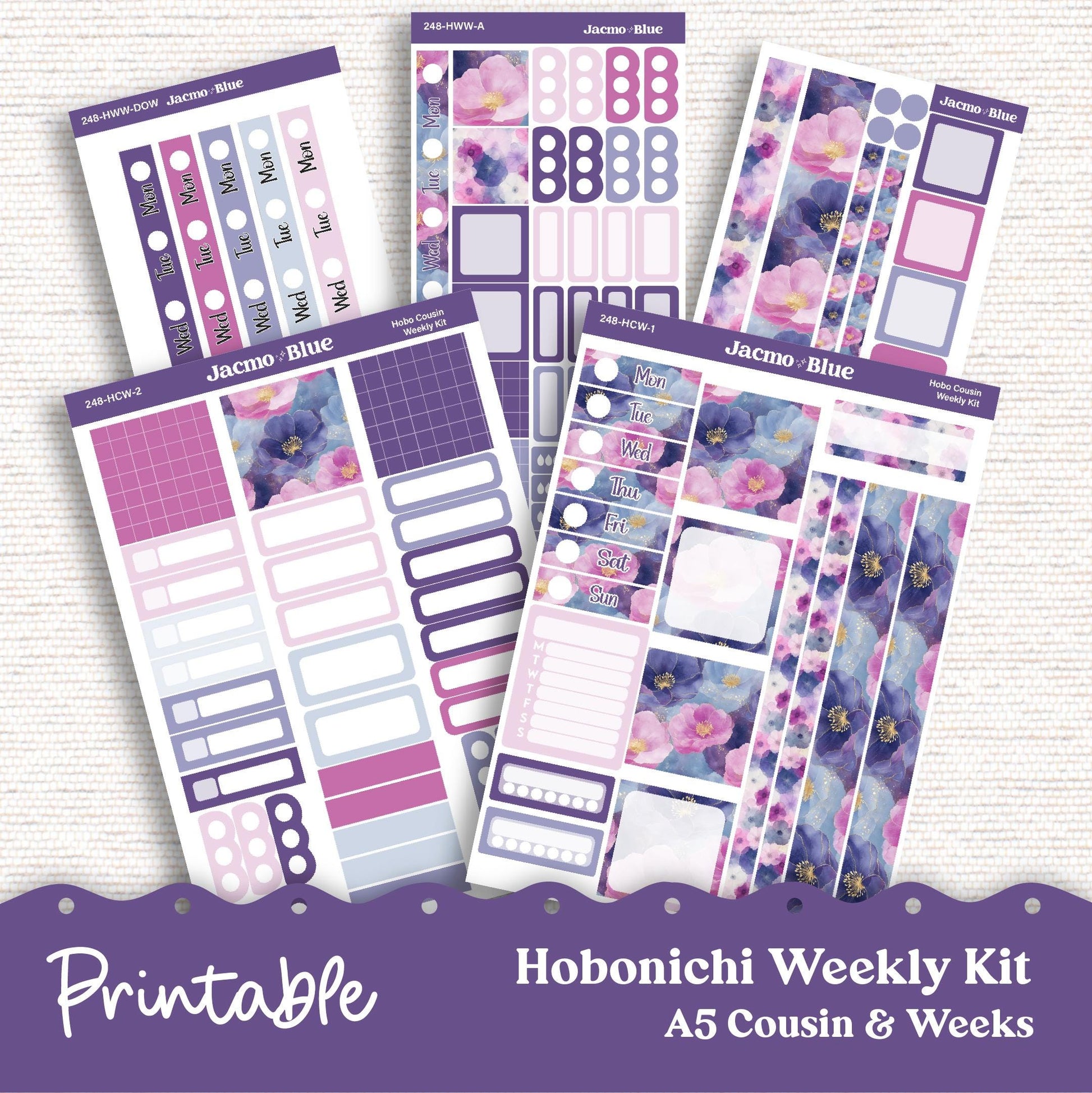 248P PRINTABLE Hobonichi Weekly Sticker Kit Cousin & Weeks Planner Stickers - Silhouette Cricut PNG Files Blue Purple Watercolor
