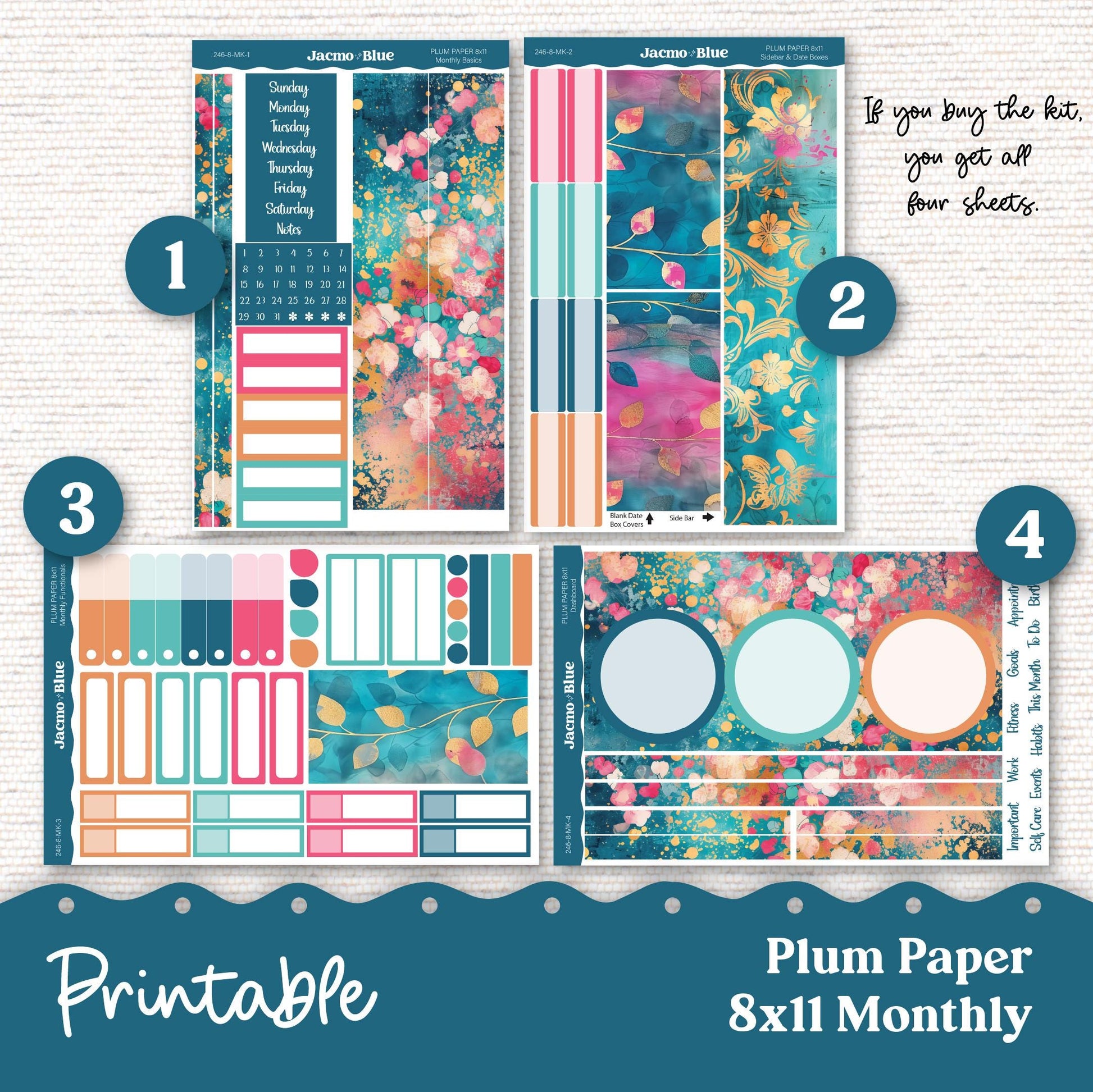 Plum Paper Planner PRINTABLE Monthly Stickers 8x11 7x9 A5 Print and Cut - 246P Blue Purple Flowers Watercolor plus Bonus Gift