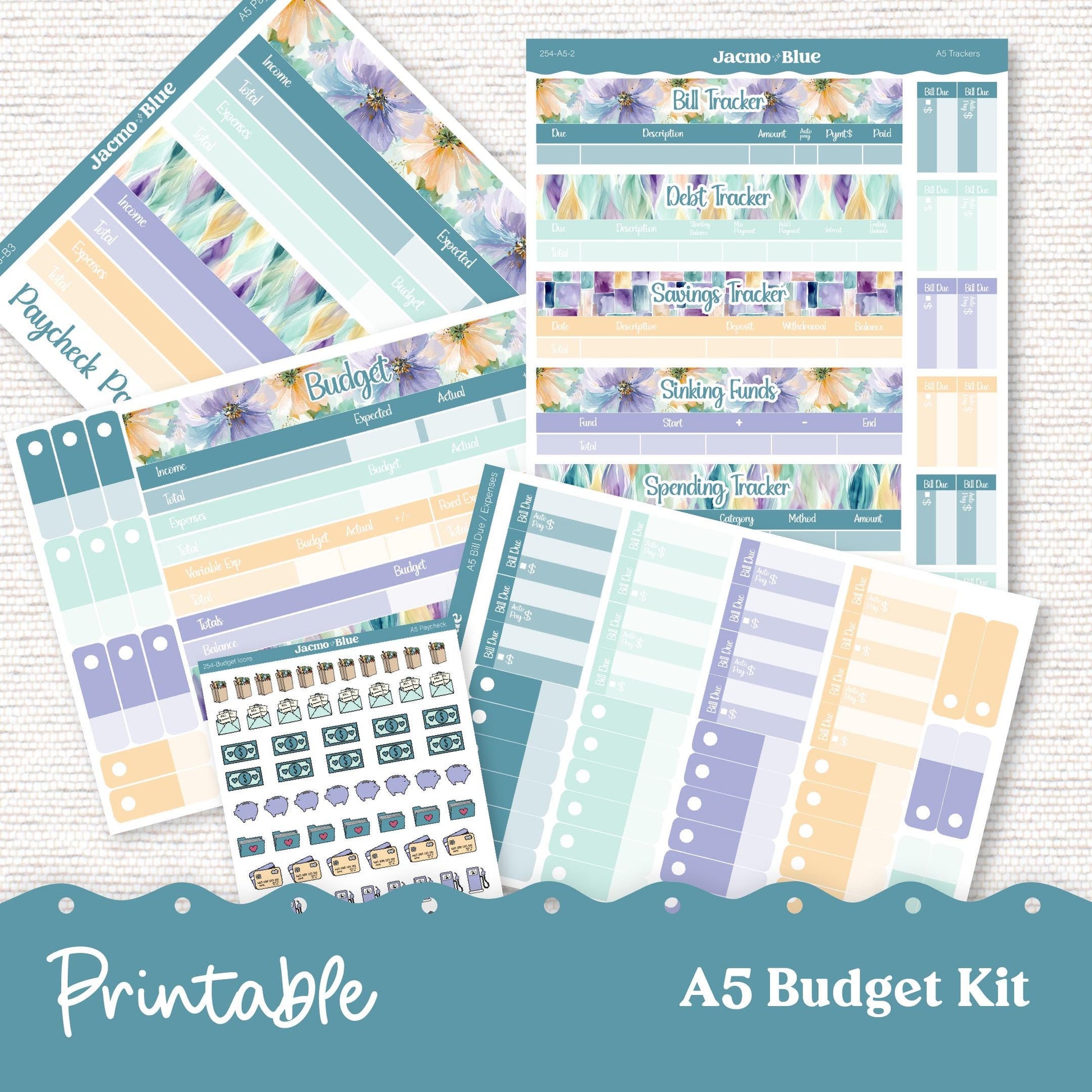 Printable A5 Budget Planner Sticker Kit Budget by Paycheck Trackers - Kit 254 Green Yellow Purple Florals