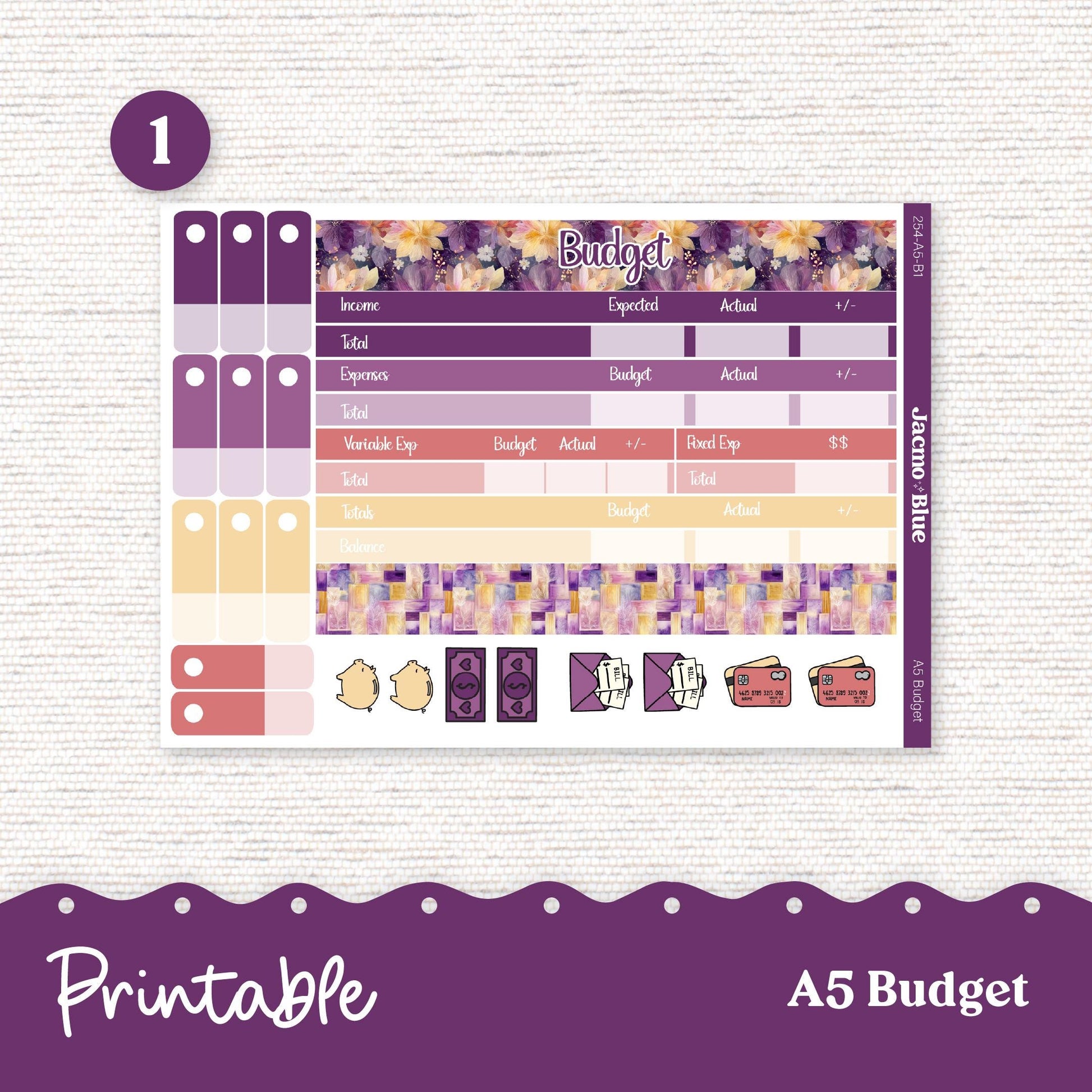 Printable A5 Budget Planner Sticker Kit Budget by Paycheck Trackers - Kit 253 Glassy Florals Purple Yellow